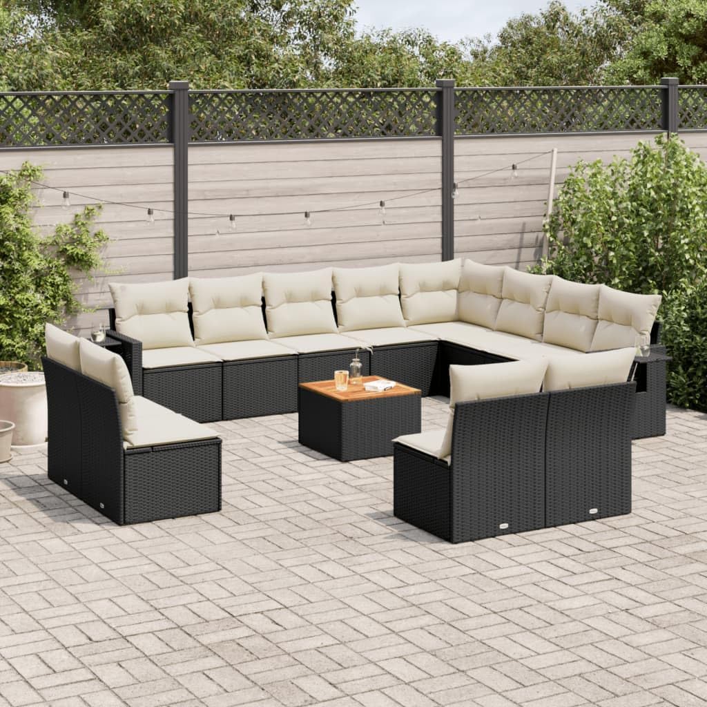 Large Modular Garden Sofa Set 4 Pieces Black PE Rattan Outdoor Furniture with Cushions, Weather-Resistant Patio Seating Set for Balcony, Durable Acacia Wood Frame, Easy