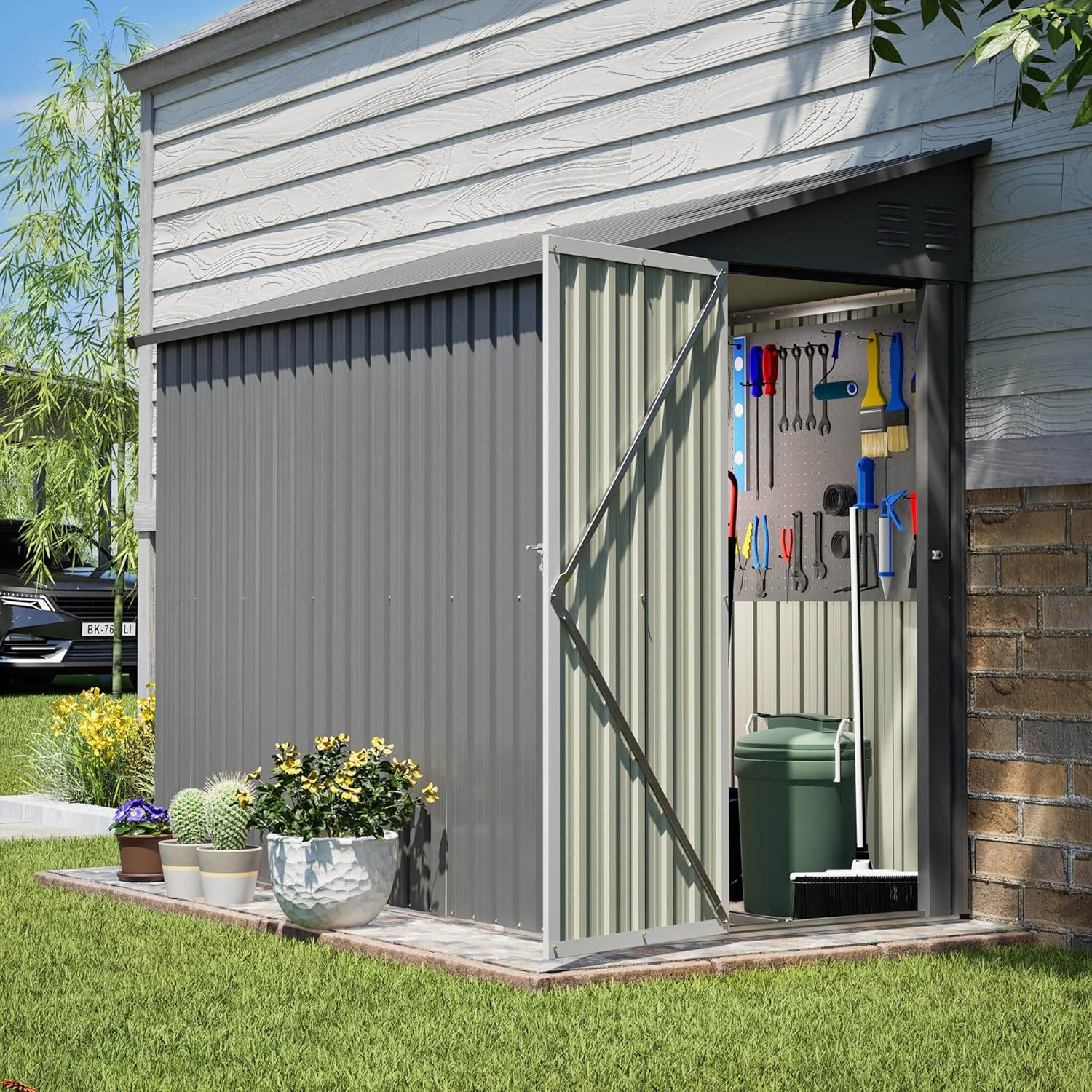 4x8 FT Lean to Outdoor Storage Shed,Metal Shed W/Floor Frame & Reversible Installation,All Weather Waterproof Garden Tool House W/Lockable Door & 2 Air Vents,for Backyard,Patio,Lawn,Gray