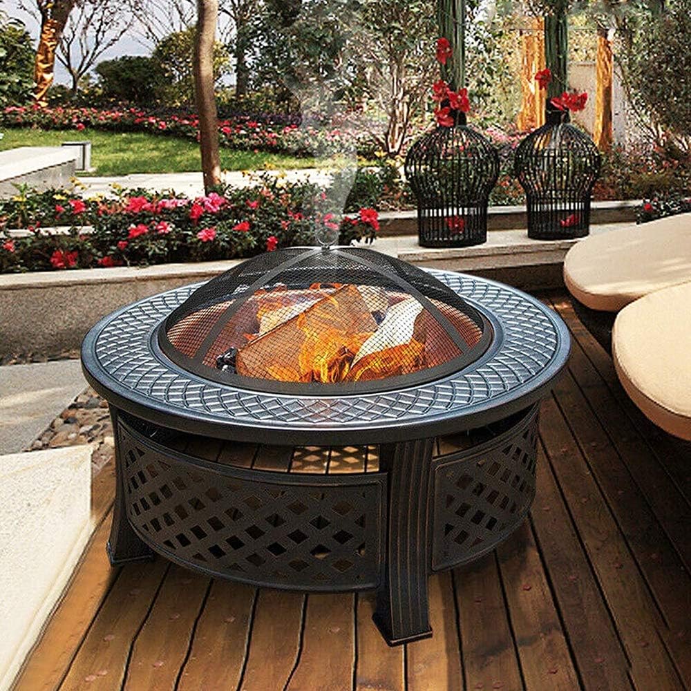 Foldable Round Fire Bowl, with Firepalce Poker Waterproof Cover 22 Inch Patio Firepit, Outdoor Camping Fire Pits