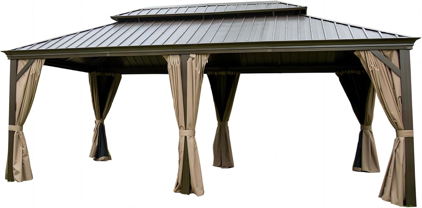12'x20' Hardtop Aluminum Frame Canopy with Galvanized Steel Double Roof, Permanent Outdoor Metal Patio Cover with Curtains Netting for Backyard, Lawn (Brown)