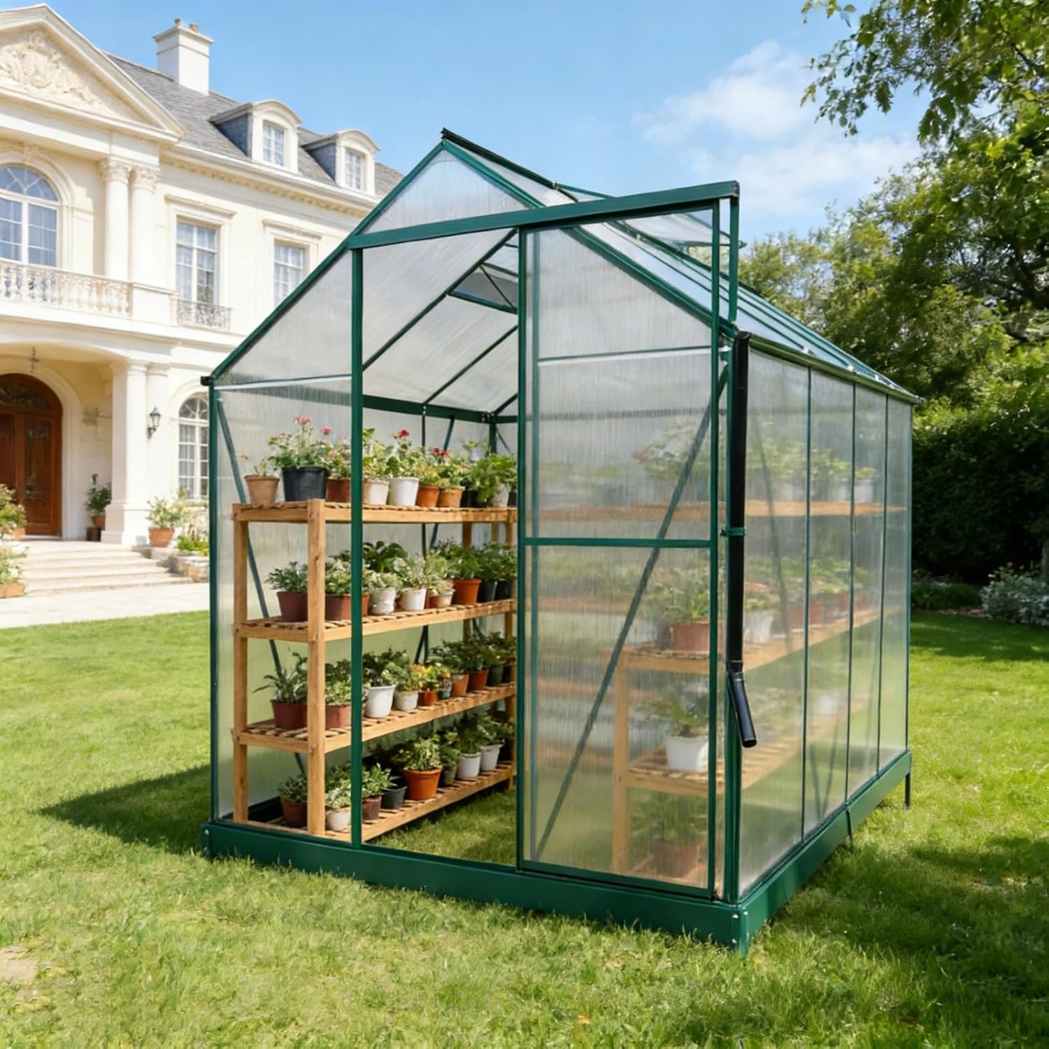 6x12 FT Greenhouse, Walk-in Polycarbonate Greenhouse, Heavy Duty Aluminum Outdoor Green House Kit with Sliding Door, Roof Vent, Rain Gutter for Backyard Garden All Season Growing, Green