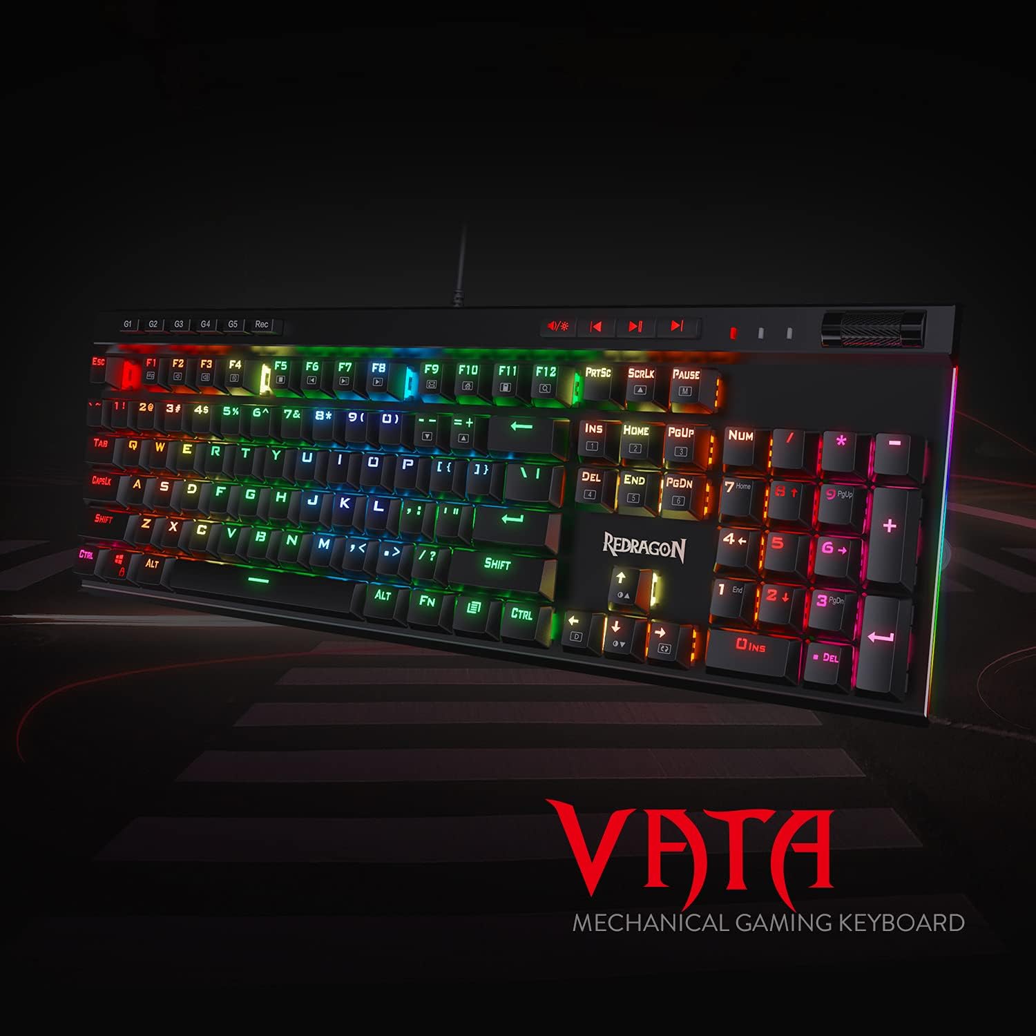 Redragon K580 VATA RGB LED Backlit Mechanical Gaming Keyboard with Macro Keys & Dedicated Media Controls, Hot-Swappable Socket, Onboard Macro Recording (Blue Switches)