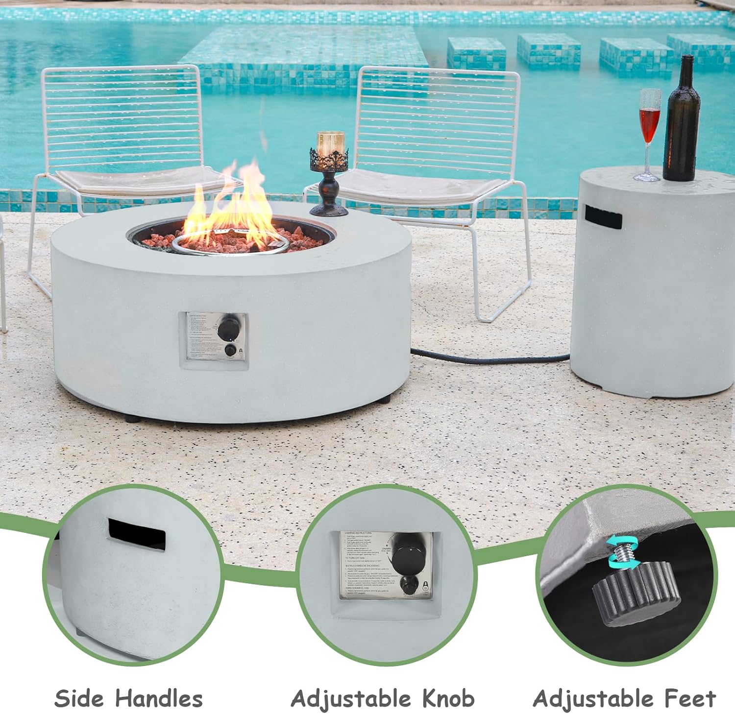 36 Inch Round Fire Pit Table,Propane Fire Pit Table Outdoor Firepit 2-Piece 50,000 BTU Gas Concrete Fire Pit Tank Cover w Lid,Lava Rocks, Rain Cover for Backyard & Deck