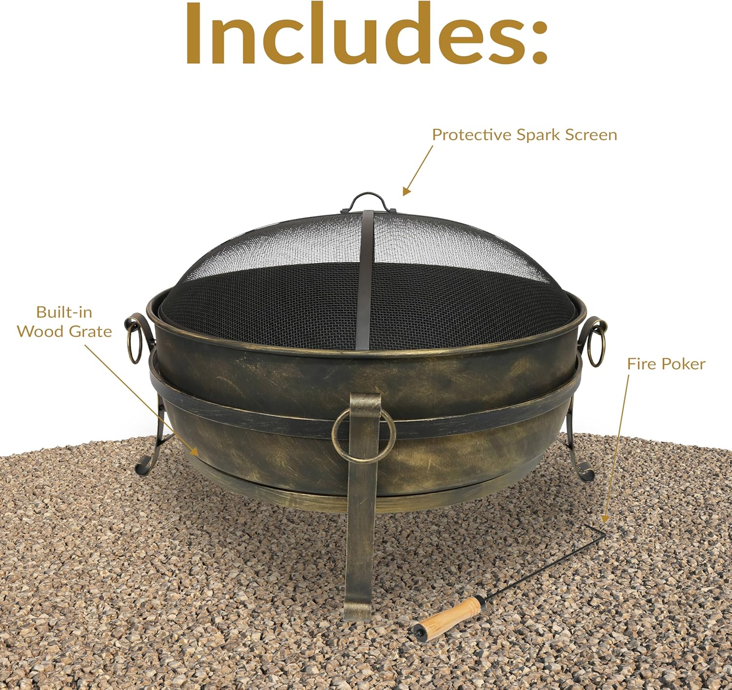 Sunnydaze 34-Inch Large Fire Pit for Outside - Wood-Burning Fire Pit Bowl for Outdoors with Spark Screen, Log Poker, and Grate