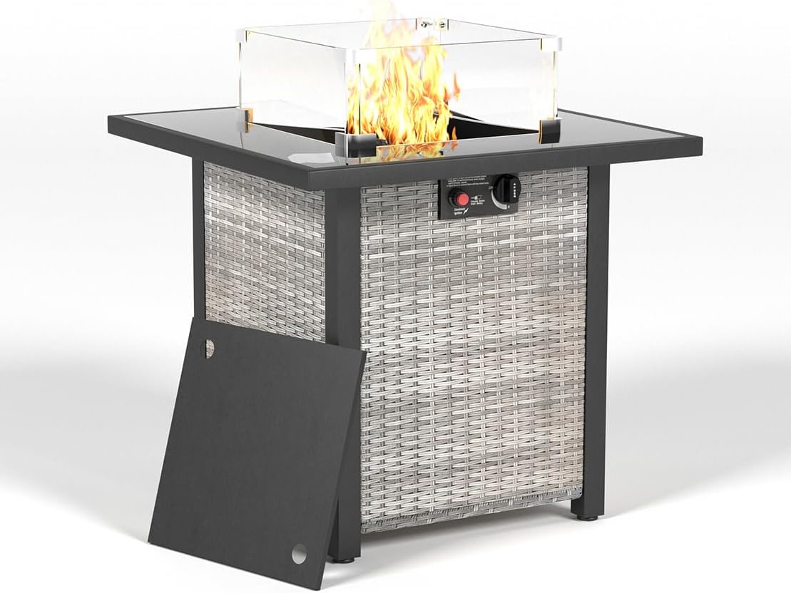 28 Inch Propane Fire Pit Table, Rattan Wicker Look, 50000 BTU Gas Firepits Tempered Glass Tabletop with Glass Windscreen Protector for Outside Patio and Garden(Grey+White)