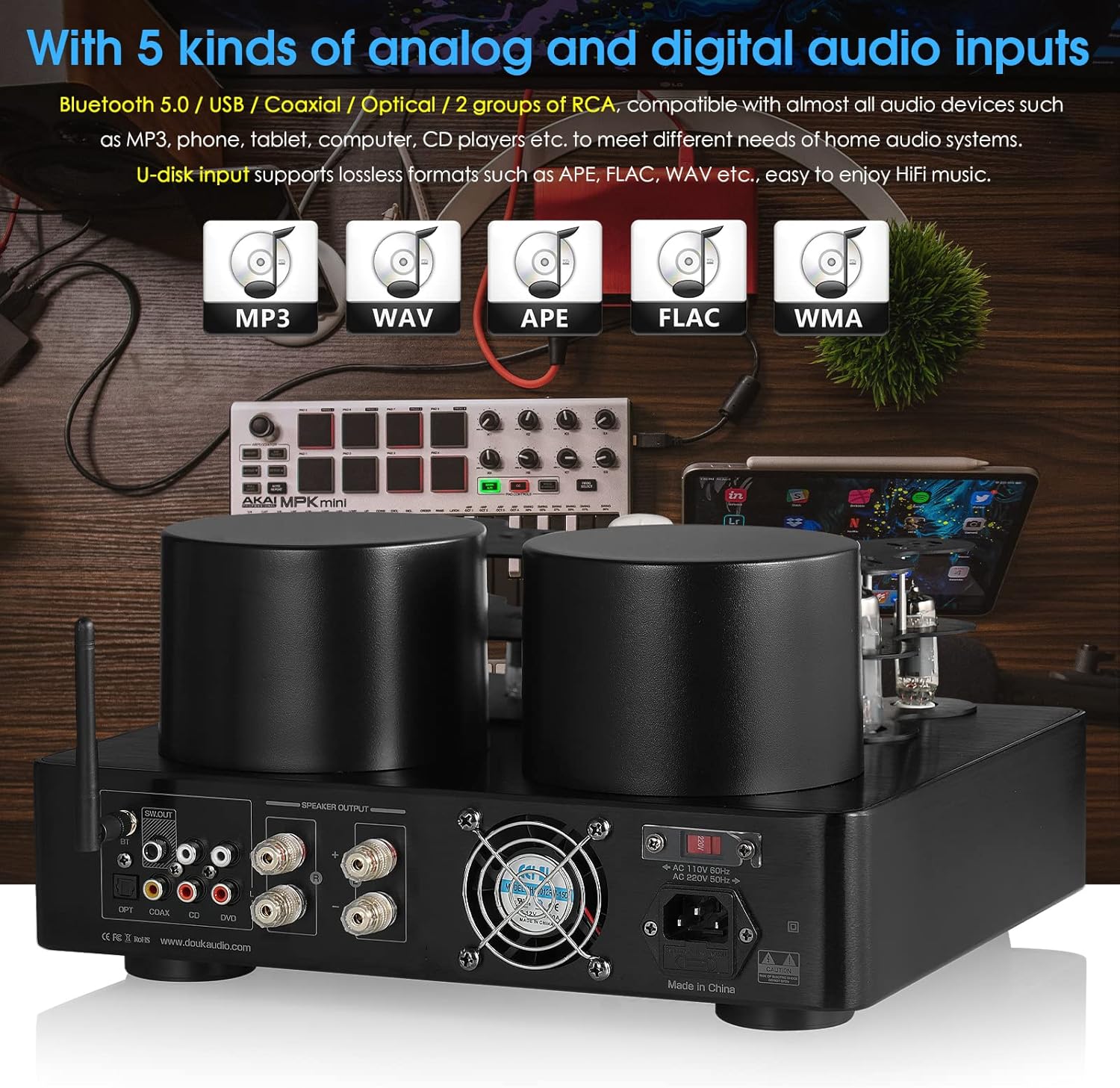 HiFi Bluetooth 5.0 Tube Power Amplifier Coax/Opt Integrated Audio Amp USB Player