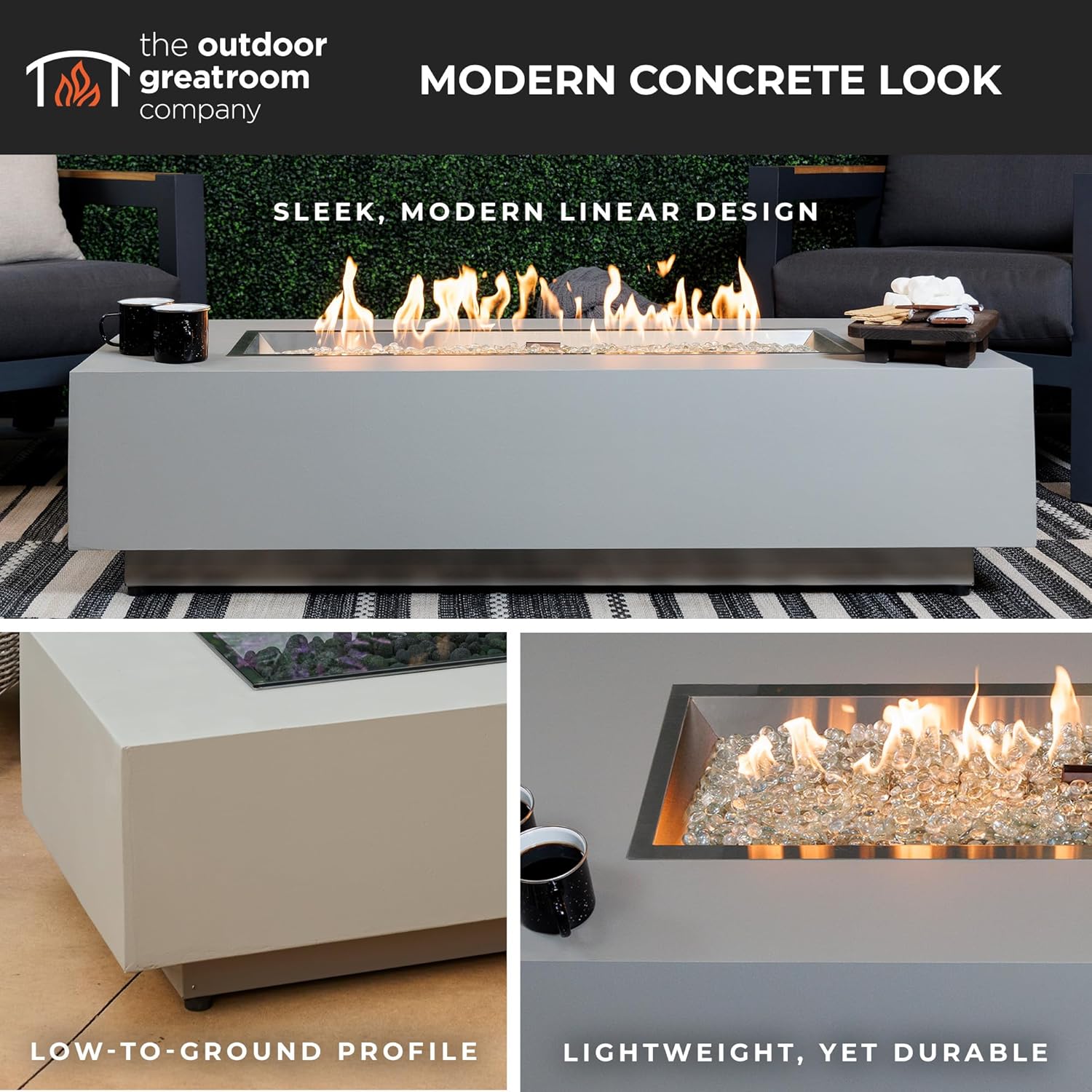 Outdoor GreatRoom Co. Harbor View Gas Fire Pit Table Rectangular Concrete Fire Pits for Outside Patio - 65,000 BTU Propane Fireplace Heater, Glass Coffee Table Cover, Clear Fire Rocks