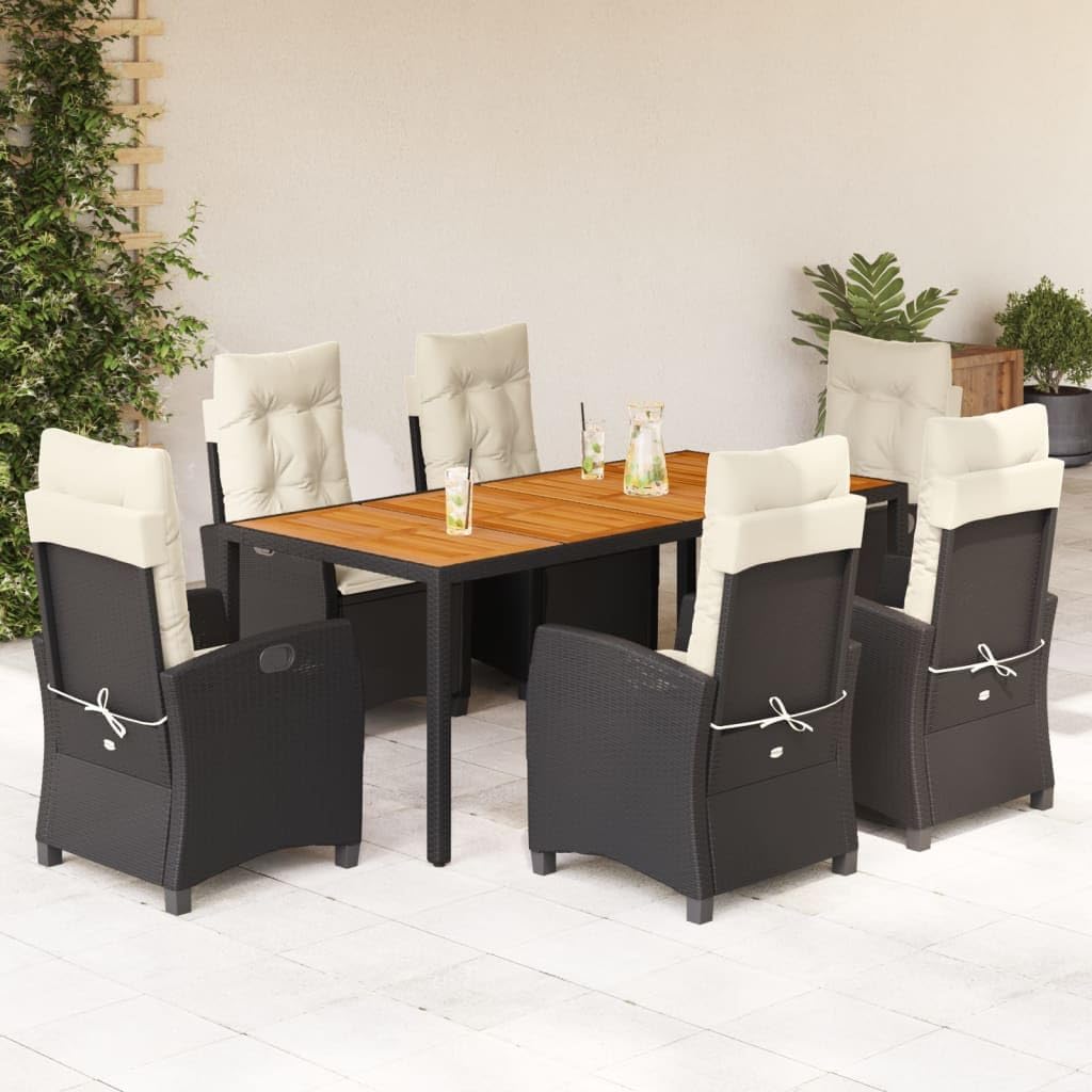 7 Piece Patio Dining Set with Cushions Black Poly Rattan,Outdoor Patio Furniture Set with Reclining Chairs, PE Rattan and Acacia Wood Furniture Sets for Patio, Lawn & Garden