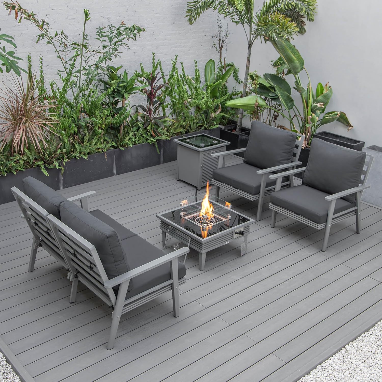 LeisureMod Walbrooke Modern Aluminum 5-Piece Patio Conversation Set with Outdoor Square Fire Pit Slats Design & Side Table Tank Holder, Charcoal