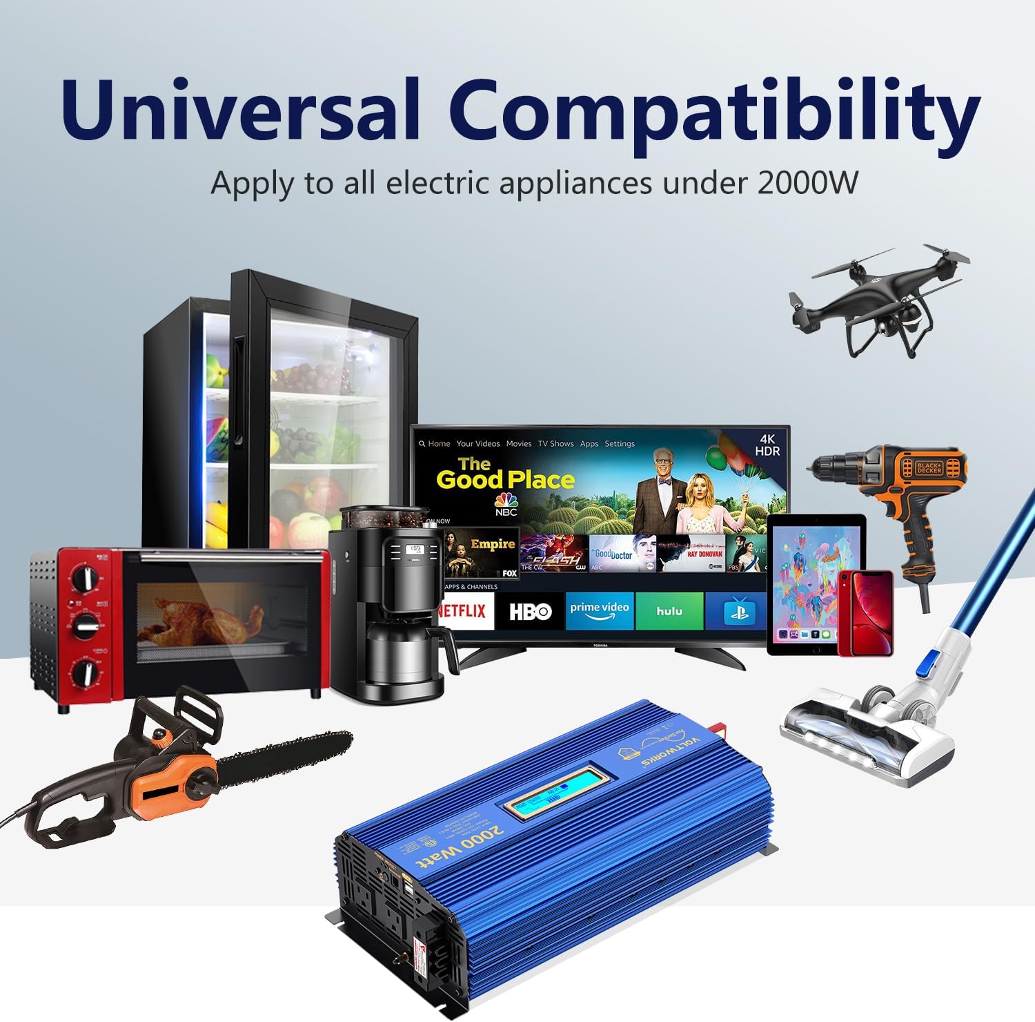 2000Watt Pure Sine Wave Power Inverter 12V DC to 110V 120V AC ETL UL458 Compatible with Lithium Battery Starlink for Off-Grid Solar RV Home Truck with 2.4A USB Ports & 1AC Terminal Block by VOLTWORKS