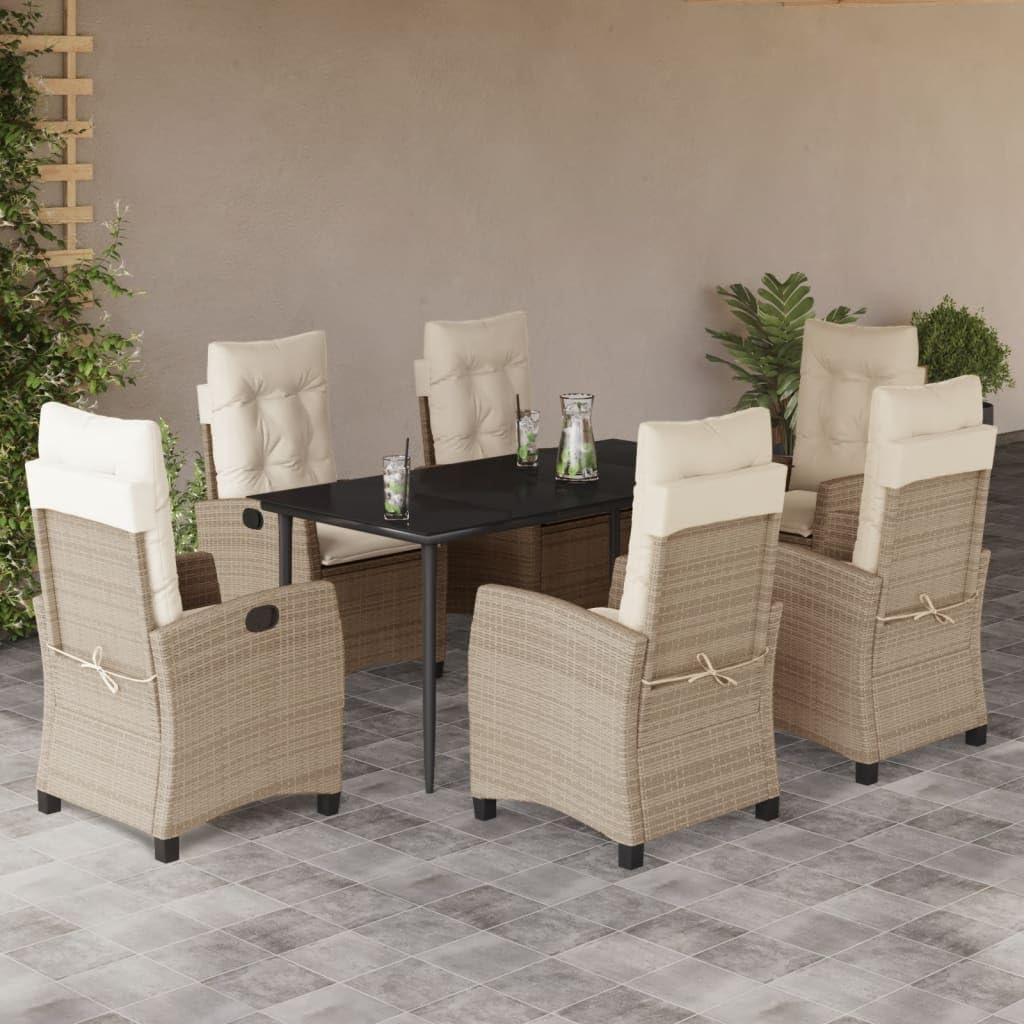 7 Piece Patio Dining Set with Cushions Beige Poly Rattan,AllWeather Garden Dining Set with Adjustable Backrest and Cushioned Comfort for Outdoor Relaxation and Al Fresco Dining Furniture Sets for Pati