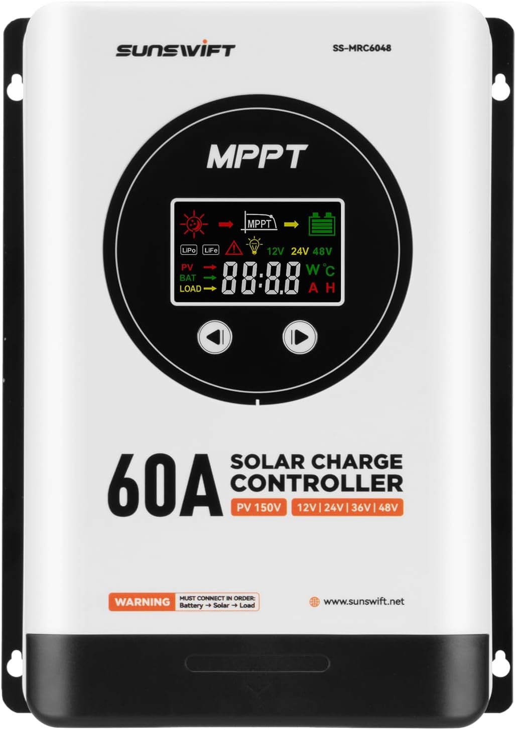 60A MPPT Solar Charge Controller, 12V/24V/36V/48V Auto, Large LCD Display, Compatible with AGM, Gel, Flooded & Lithium Batteries, Plug-and-Play, Maximum 150V Input