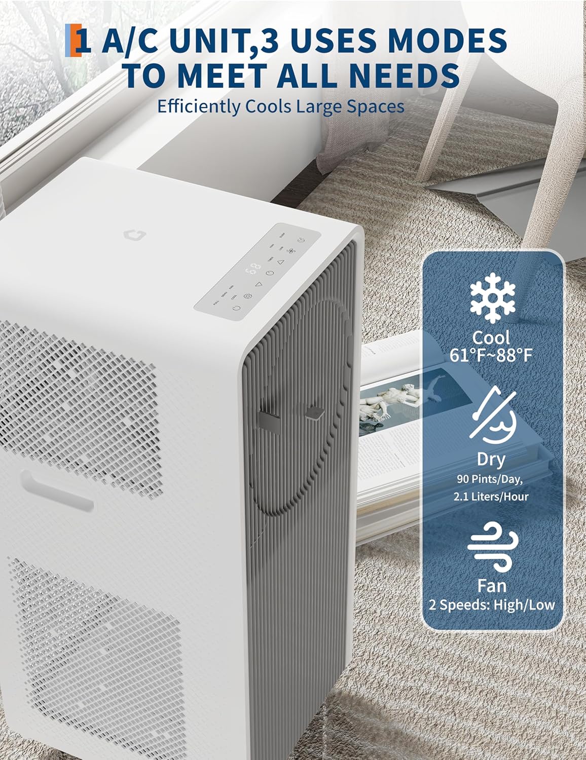14,000 BTU Air Conditioner Portable, 3-in-1 Room Standing Air Conditioners with Remote Control, Fast Cools 750 Sq.Ft. for Indoor Room, Dorms - Gray