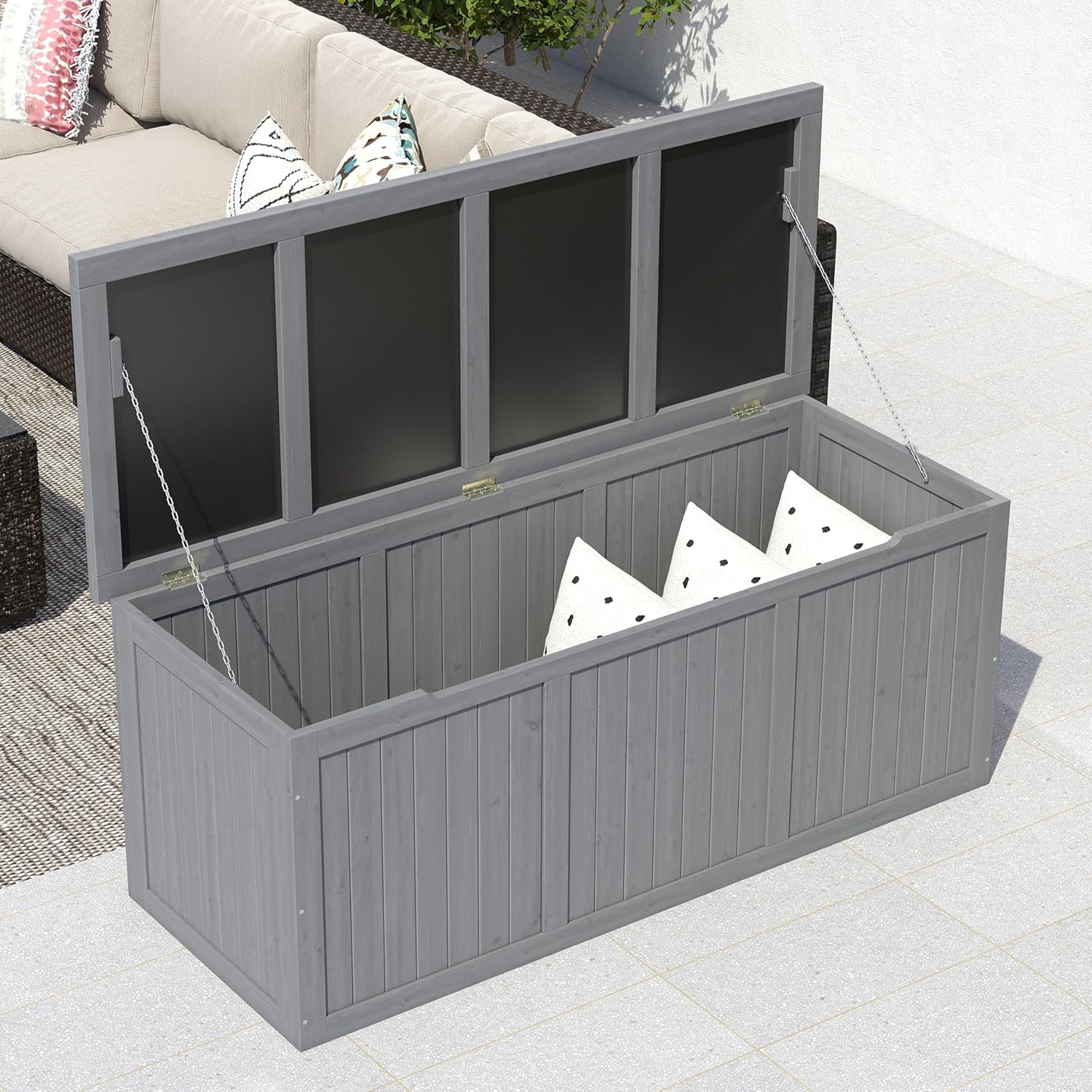 112 Gallon Outdoor Wooden Deck Box with Seat Top, Grey Solid Wood Storage Chest for Patio Cushions Pool Toys Garden Tools