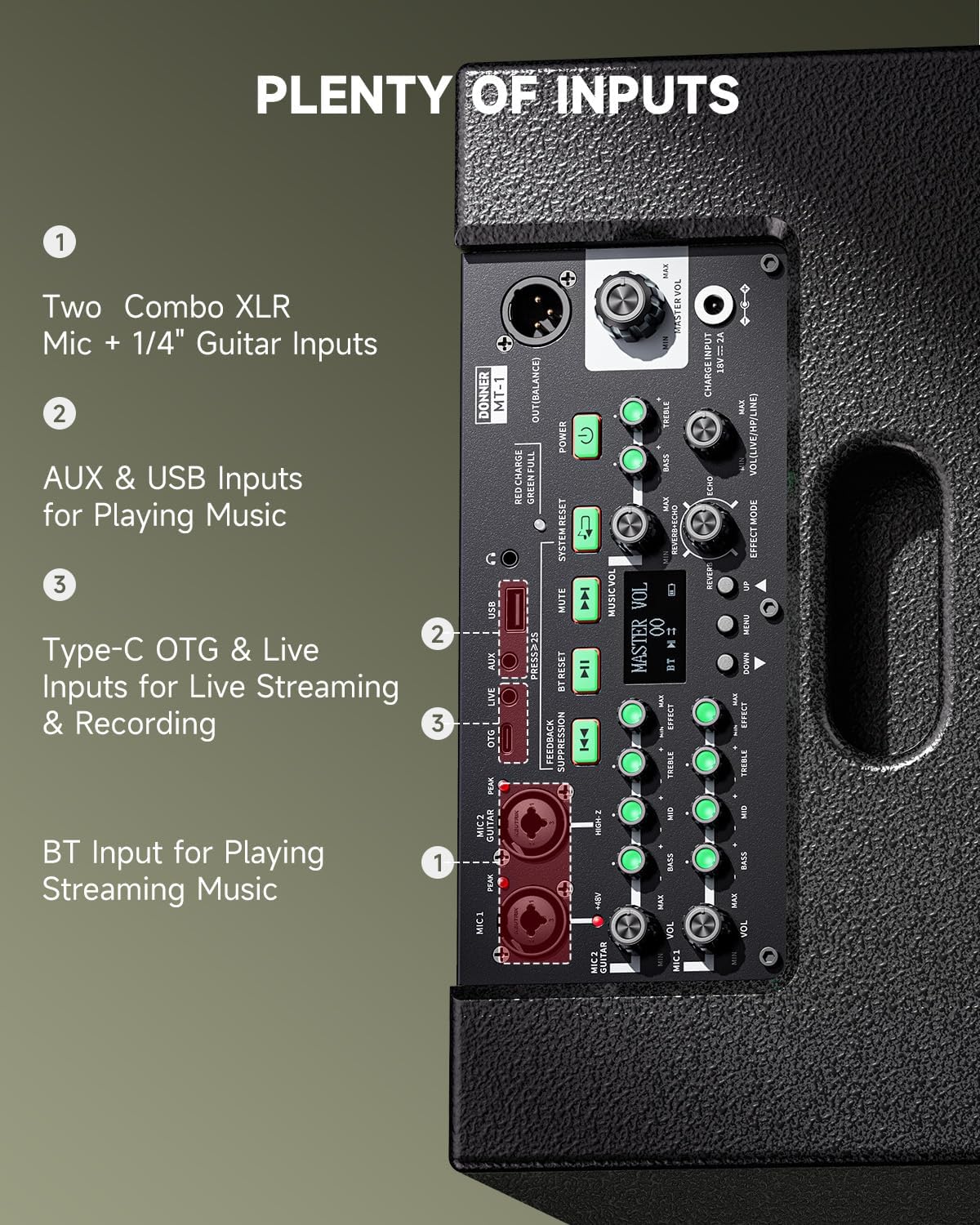 Donner MT-1 Portable PA System, 300W Wireless BT Speaker Sound Amplifier, 4-6h Outdoor Use, with Two 2.5