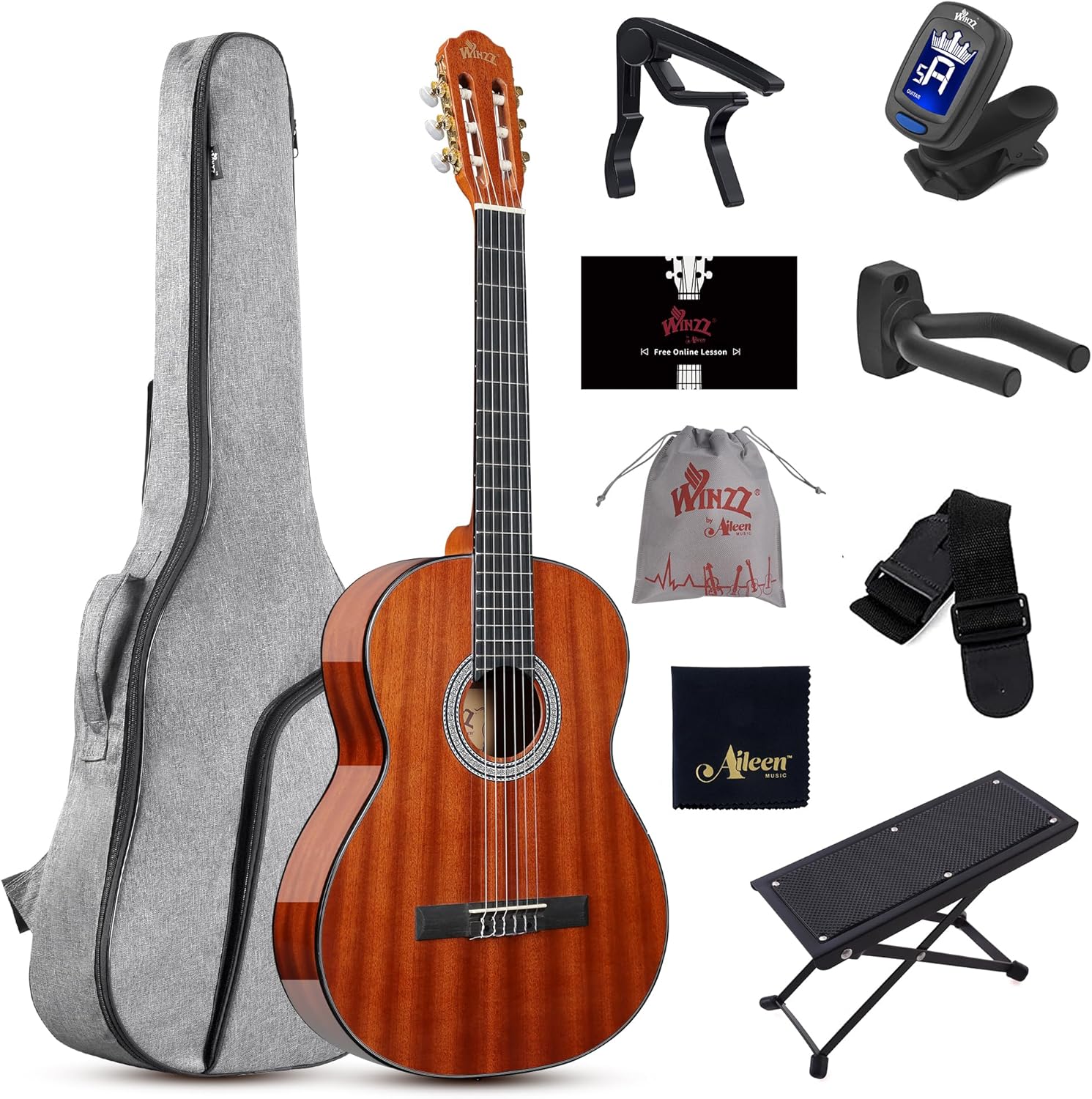 WINZZ 4/4 Classical Guitar, 39 Inch Full Size Nylon String Guitar for Beginner Adults, Full Classic Guitar Kit with Free Lessons, Gig Bag, Footstool, Capo, Tuner, Hanger and Strap (Glossy Brown)