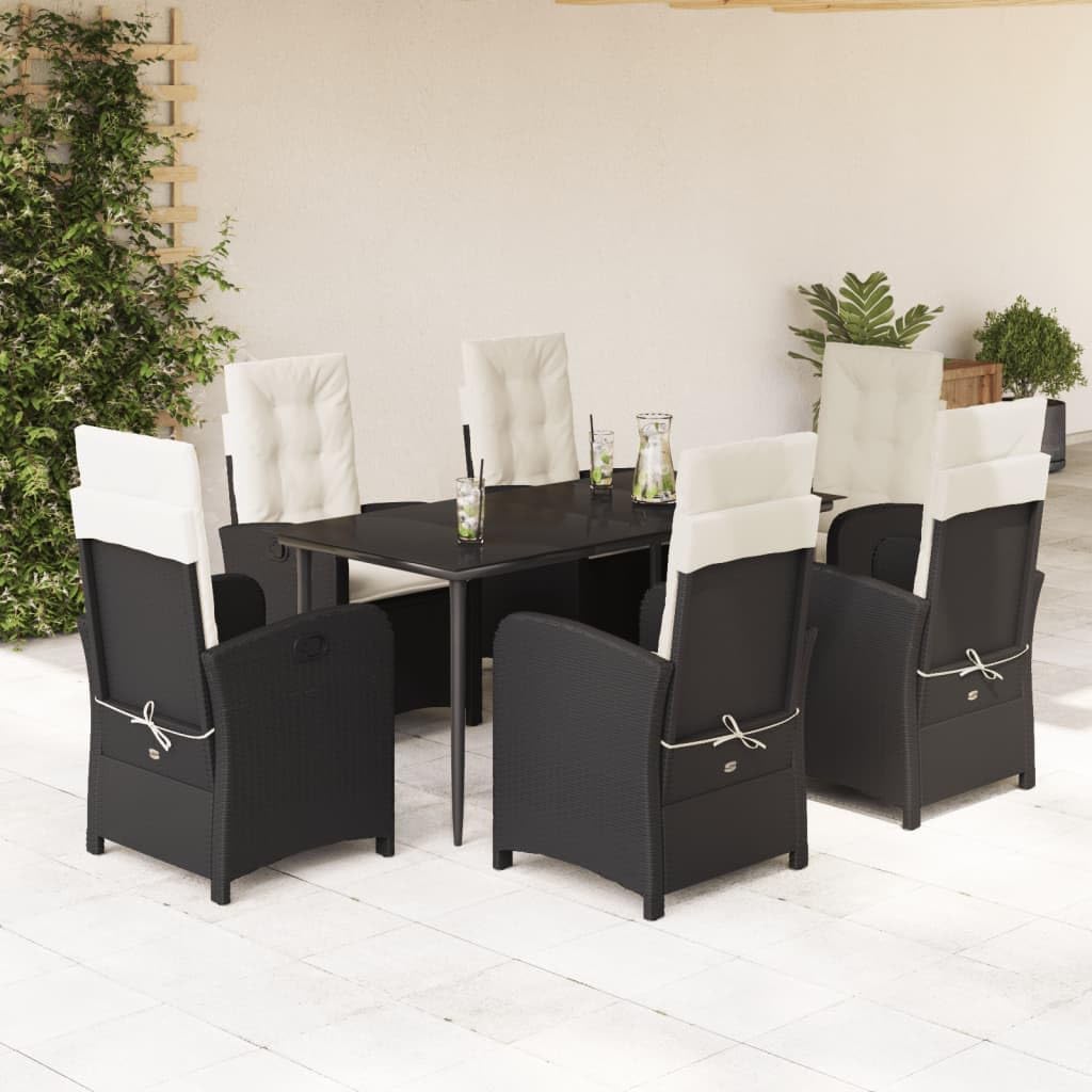 7 Piece Patio Dining Set with Cushions Black Poly Rattan,3Piece Outdoor Patio Rattan Dining Set with Adjustable Chairs and Tempered Glass Table Patio Furniture Sets, Outdoor Furniture Sets