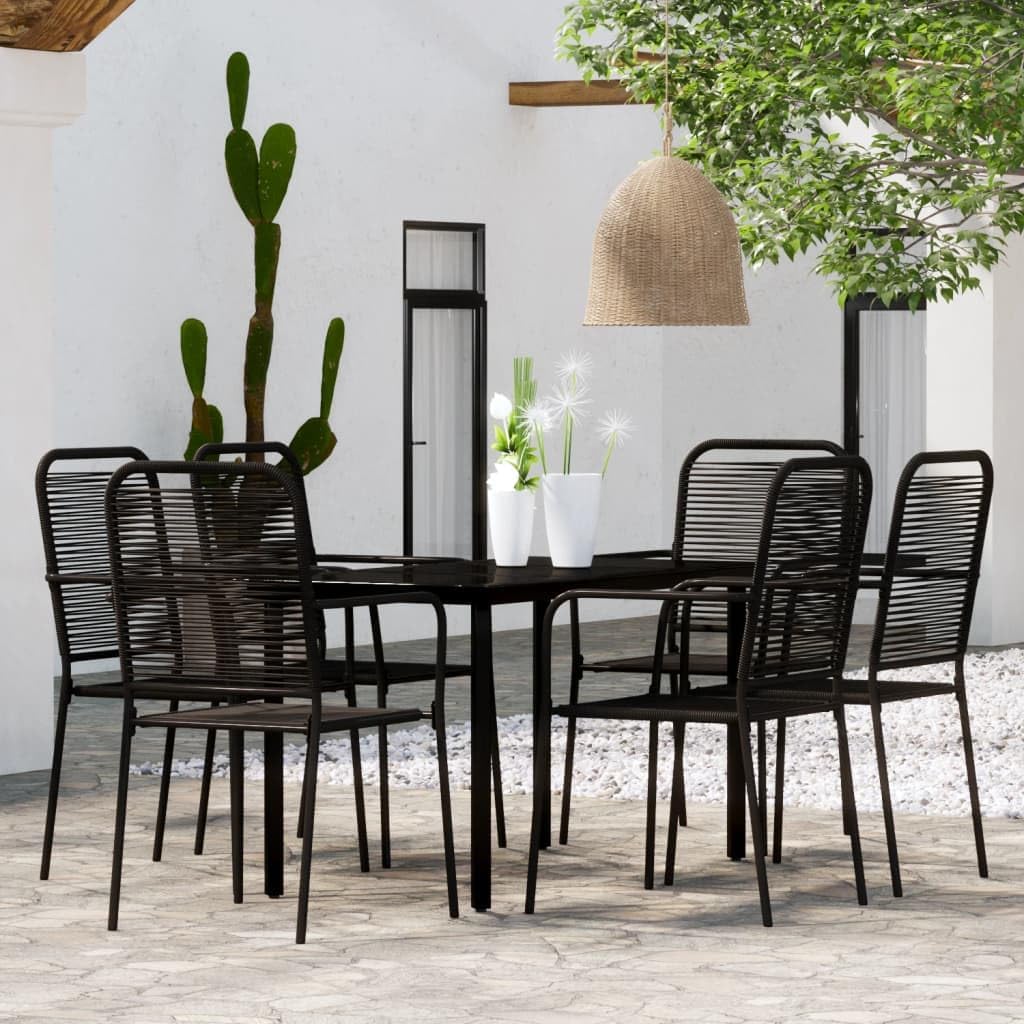 7 Piece Patio Dining Set Black,Elegant Modern Dining Set Durable Steel Frame and Cotton Rope Chairs for Garden, Patio, and Kitchen Patio Furniture Sets, Outdoor Furniture Sets