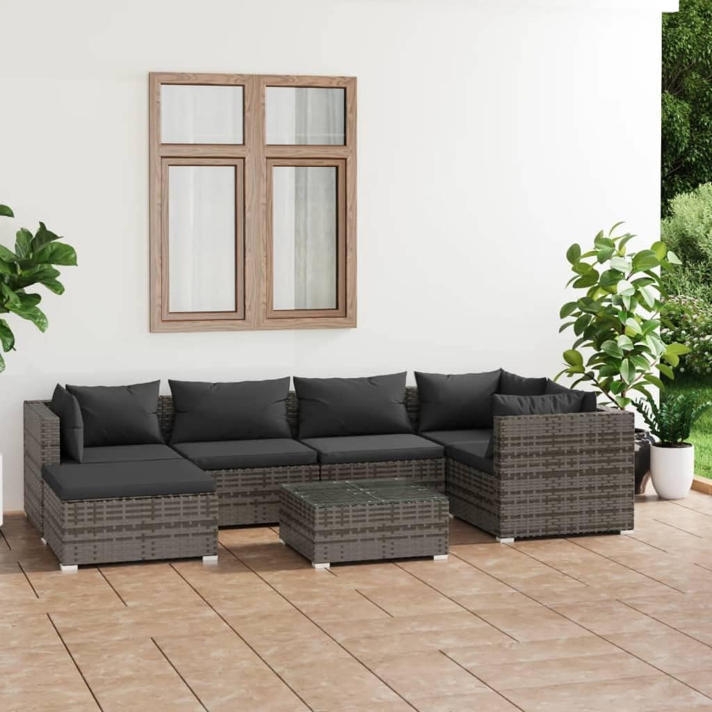 7 Piece Patio Lounge Set with Cushions Poly Rattan Gray,Premium Rattan Patio Lounge Set with Soft Cushions for Outdoor Comfort Patio Furniture Sets, Outdoor Furniture Sets