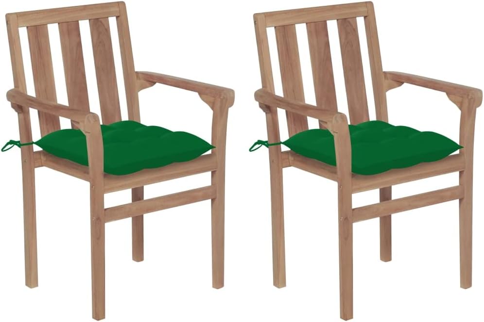 Patio Chairs 2 pcs with Green Cushions Solid Teak Wood,Stylish Stackable Patio Chairs with Green Cushions for Outdoor Use and Decor Outdoor Furniture, Outdoor Chairs