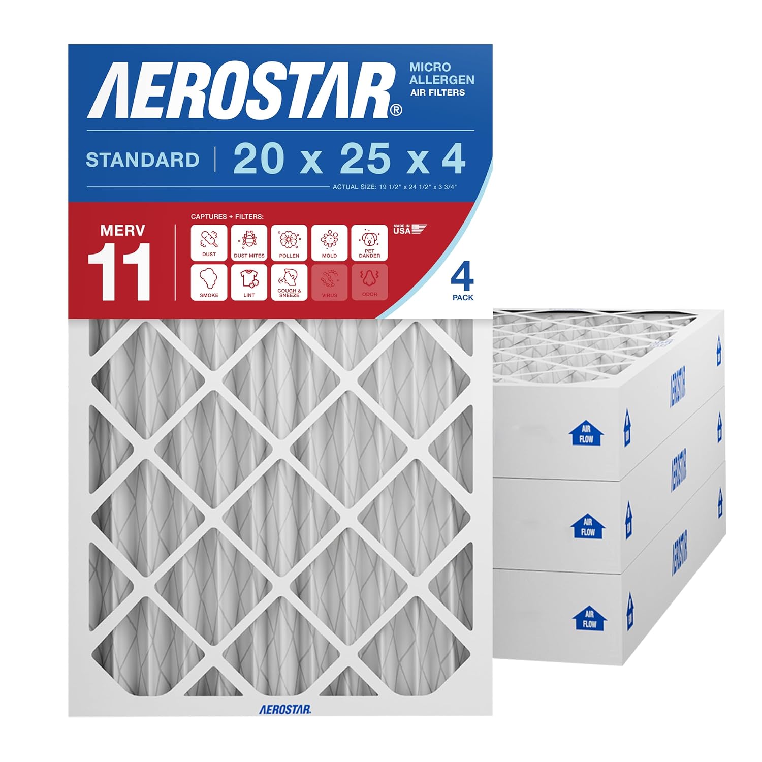 Aerostar 20x25x4 MERV 11 Air Filter, 4 Pack Set of HVAC Furnace Filters, Electrostatic MPR 1000-1200 & FPR 7 (Actual Size: 19 1/2 x 24 1/2 x 3 3/4 inches)