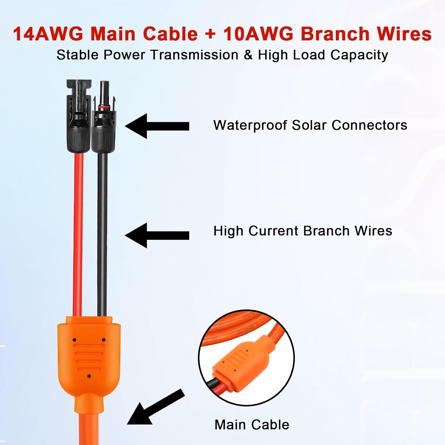 XRDS -RF Solar Extension Cable 100FT, 14AWG Tinned Copper with Solar Panel Connectors, 10AWG Red & Black Branch Wires, Heavy Duty Outdoor Power Cord for RV, Inverter, Generator, Off-Grid System