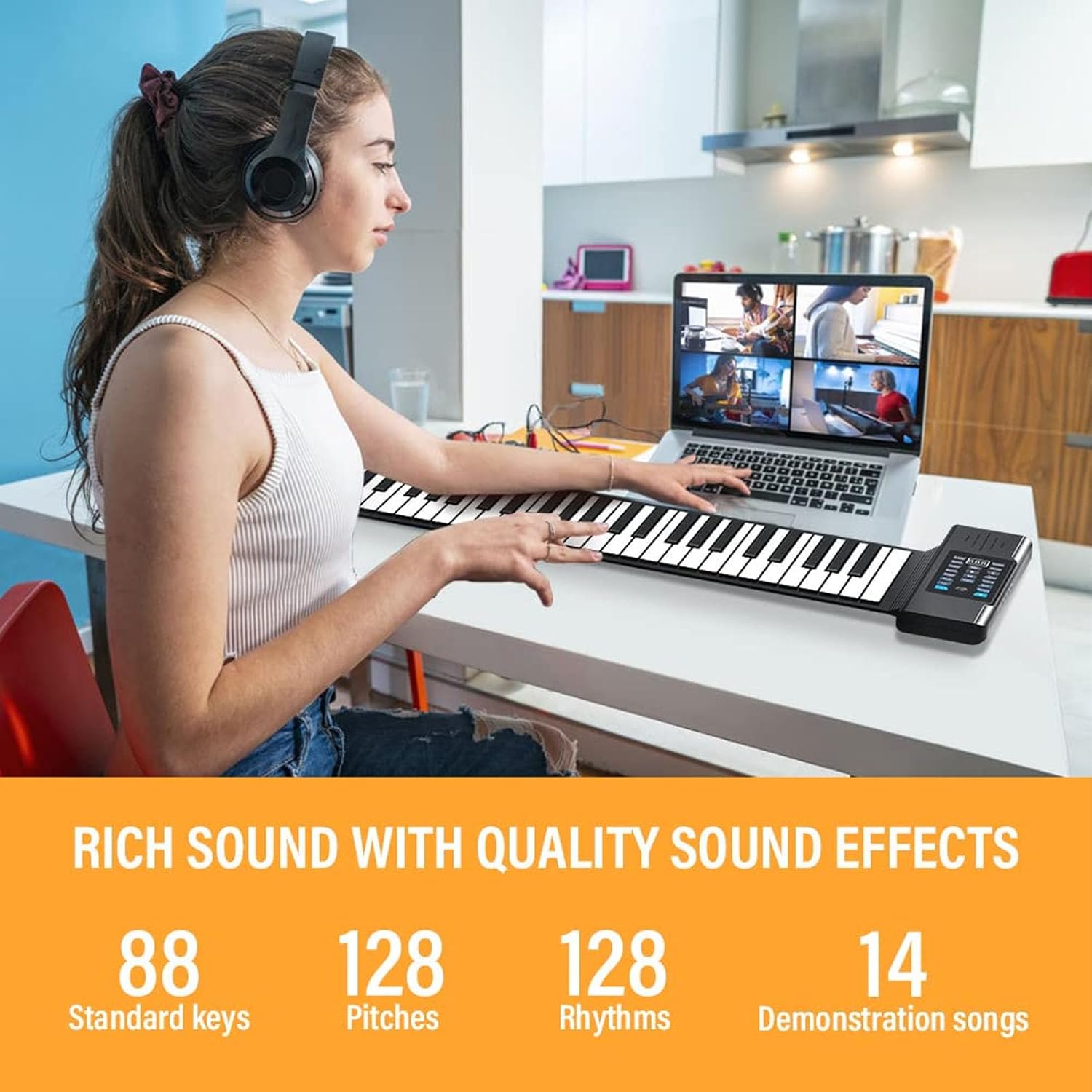 Roll Up Flexible Piano Keyboard 88 Keys, Portable Lightweight Electronic Piano with Speakers, USB MIDI Output for Teaching (US Plug)