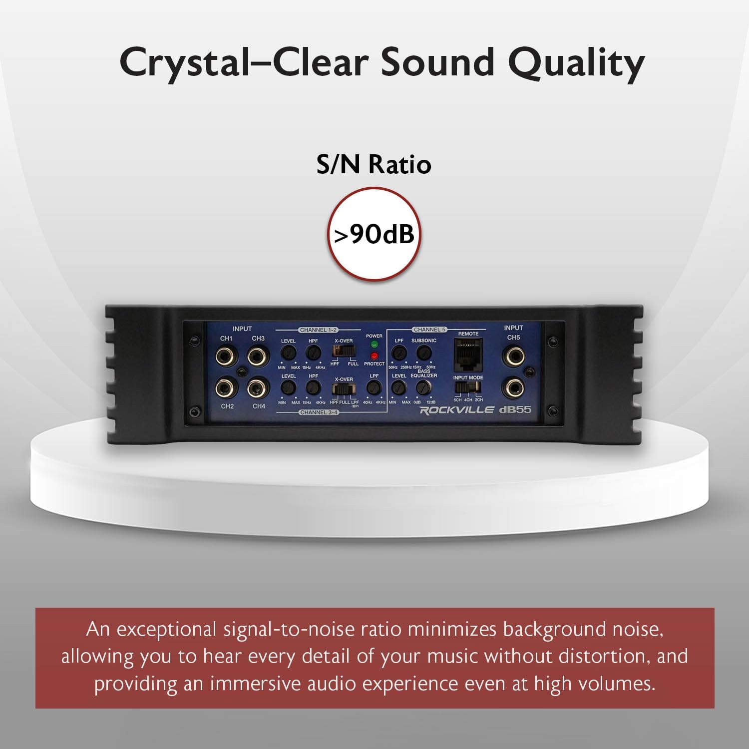 Rockville dB55 4000W 5-Channel 2-Ohm Car Amplifier, High-Speed MOSFET, Adjustable Crossover, LED, Remote Sub Control, Perfect for Car Audio and Subs