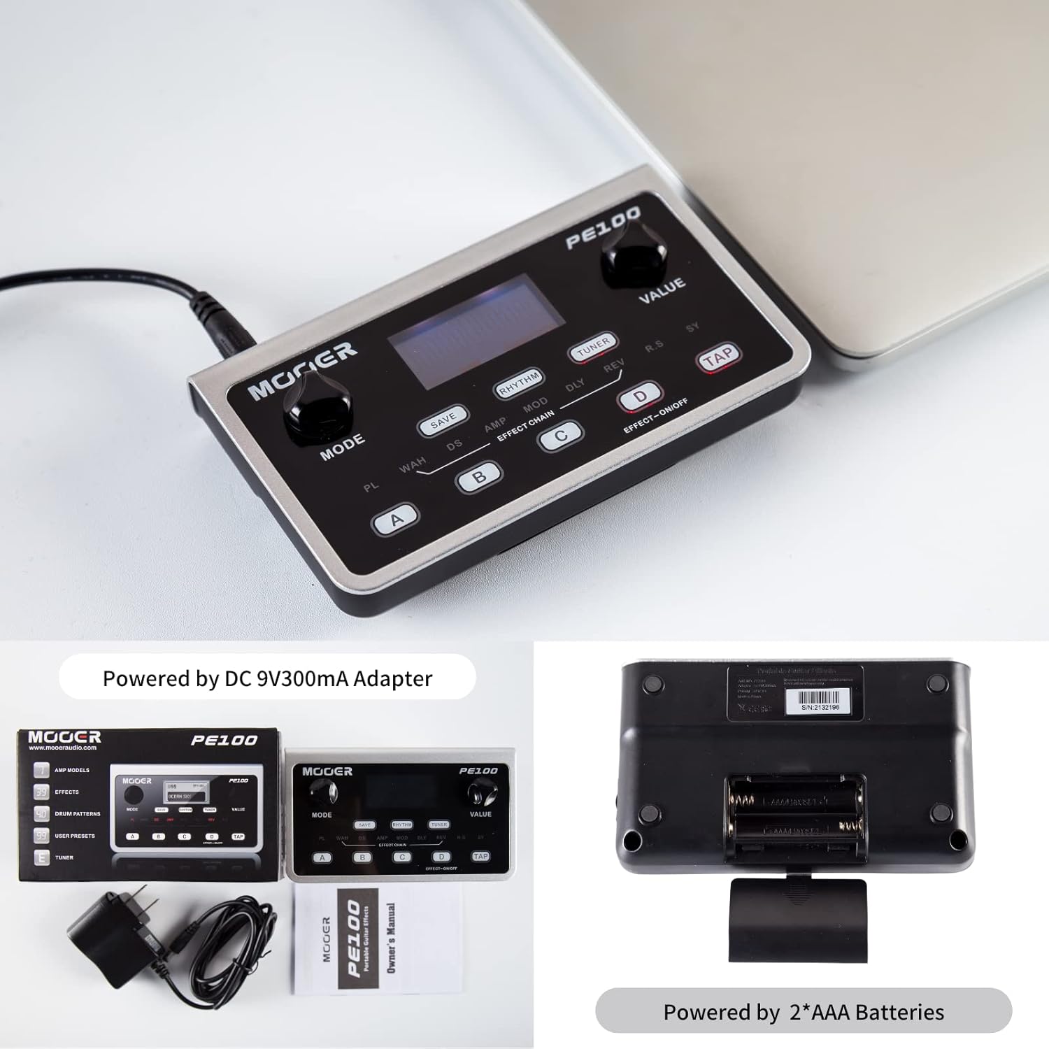 MOOER PE100 Portable Depstop Guitar Multi Effects Headphone Amp Pedal Practice Tool with Drum Machine, TAP Tempo