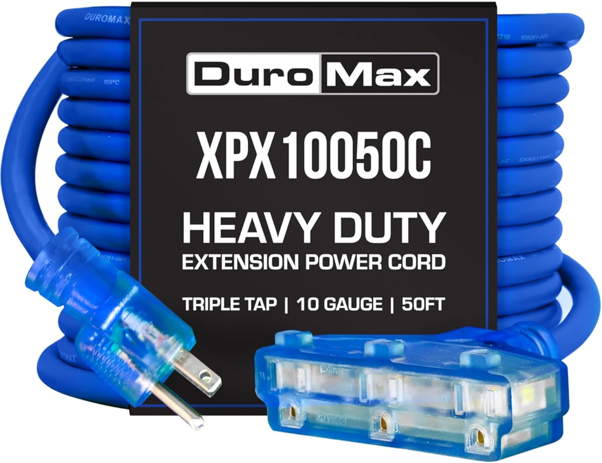 DuroMax XPX10050C Heavy Duty SJEOOW 50-Foot 10 Gauge Blue Triple Tap Lighted Extension Power Cord