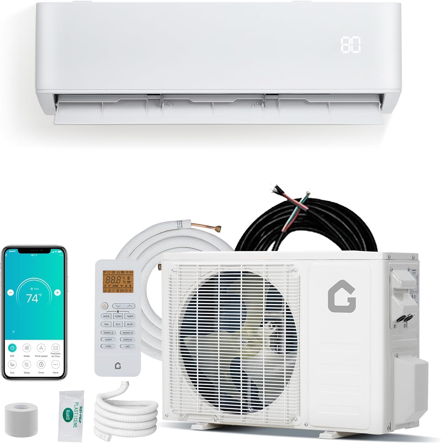 9000 BTU Mini Split Air Conditioner and Heat Pump, 24 SEER2, WiFi-Enabled Ductless Inverter AC Unit with Heat, 208v-230v, Pre-Charged, Quiet Operation, Includes Copper Line Set, Cools/Heats Rooms Up t