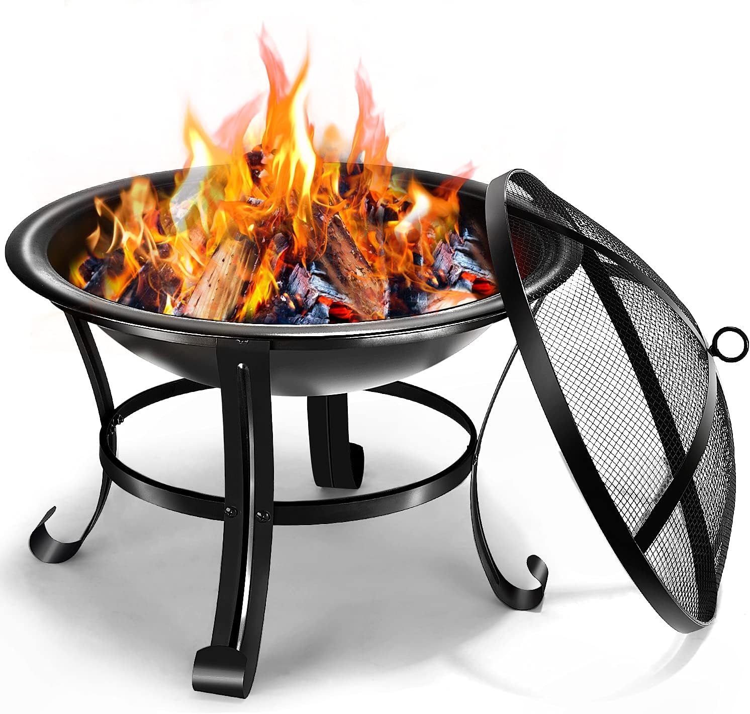 Outdoor Fire Pits, 22'' Portable Bonfire FirePits for Outside Wood Burning with Spark Screen and Fireplace Poker for Backyard Garden Patio Bonfire Heating, Camping and BBQ, Black