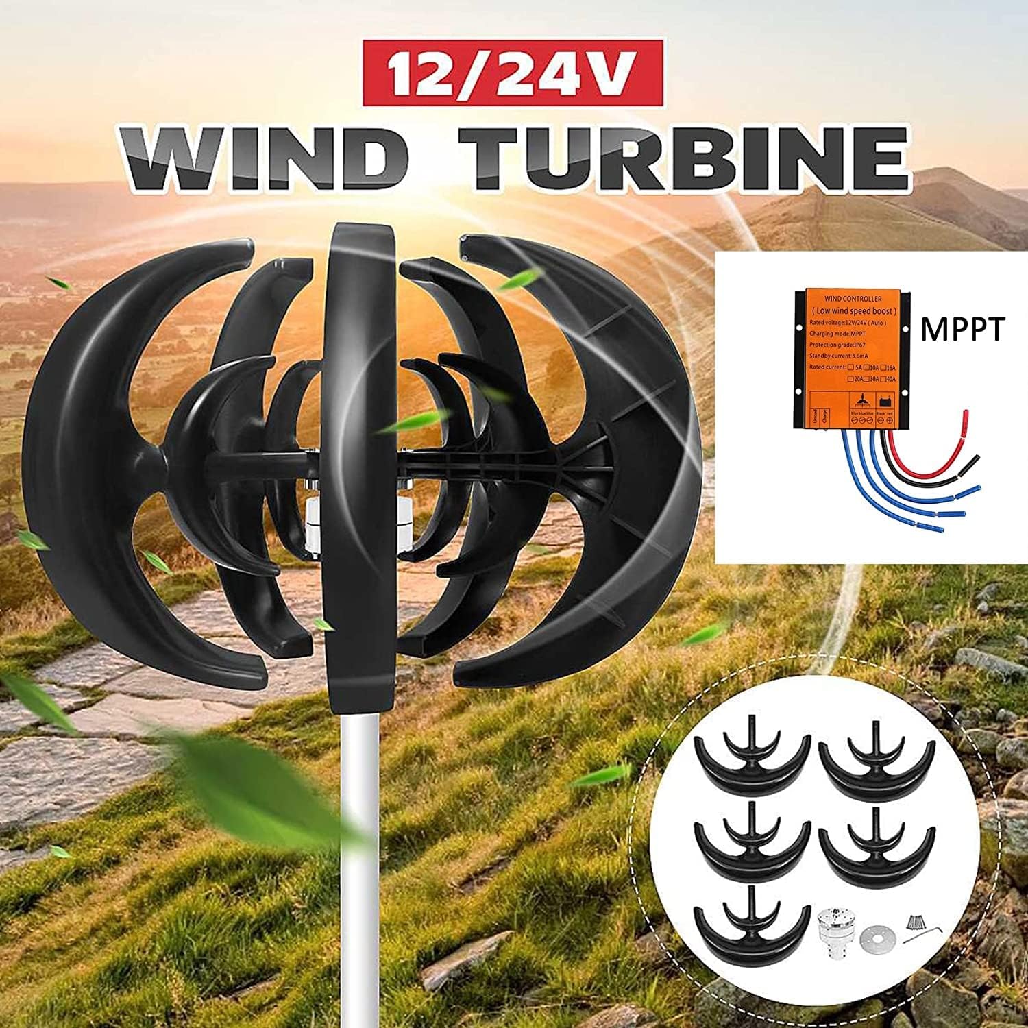 6000W Vertical Wind Turbine Generator,5 Blades Nylon Blades Low Noise Vertical Wind Generator with MPPT Controller for Small Windmill(Black)