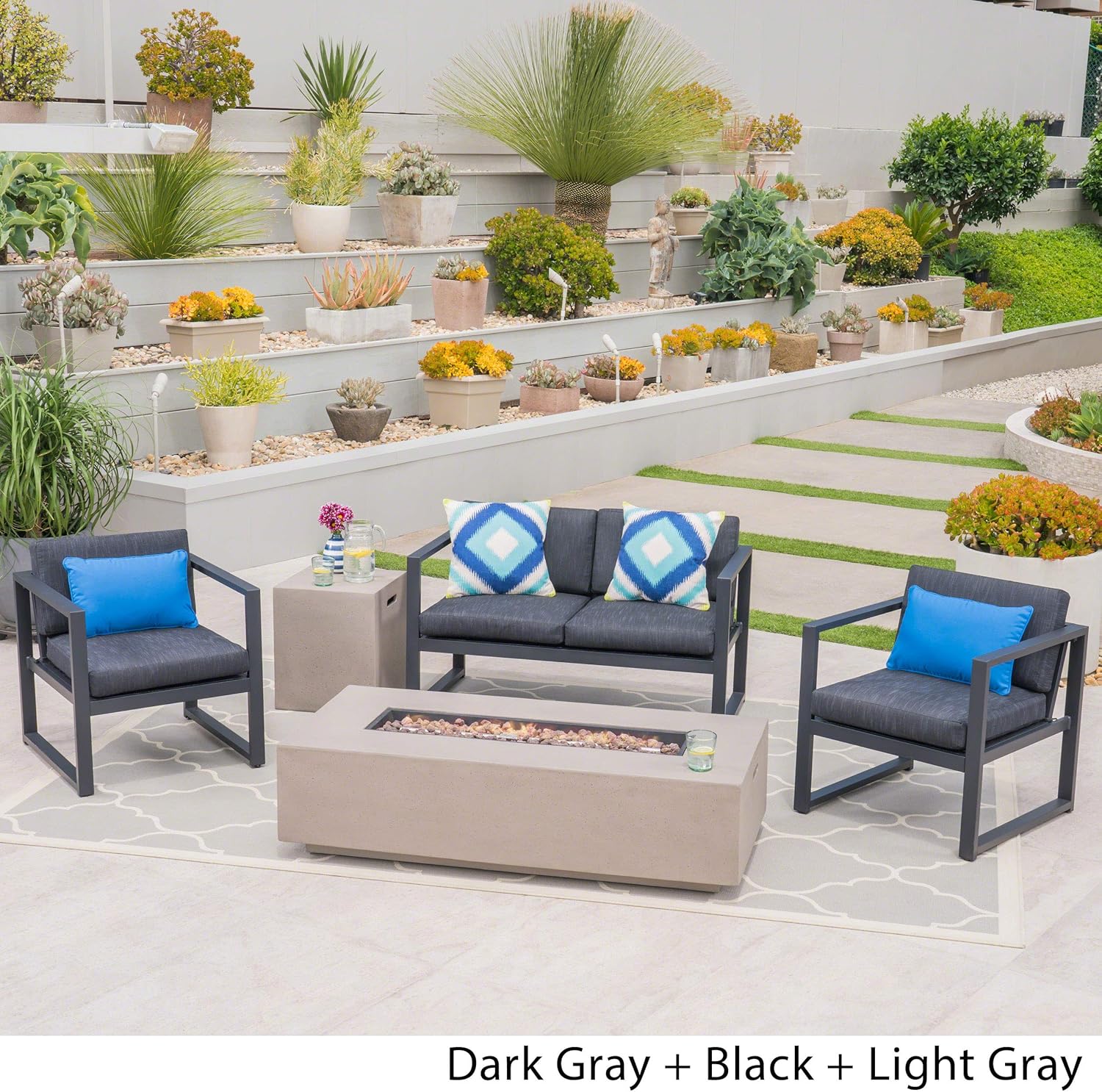 Great Deal Furniture Outdoor 4-Seater Aluminum Chat Set with Fire Pit and Tank Holder, Dark Gray and Black and Light Gray