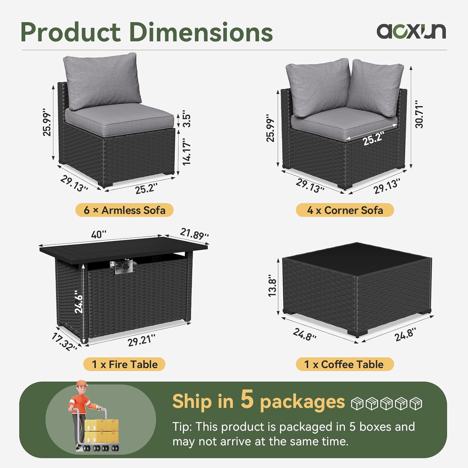Aoxun 12 Piece Patio Furniture Set with 44” Fire Pit Table Wicker Rattan Patio Sectional Sofa Set Outdoor Seating Furniture with Thickened Cushion, Grey