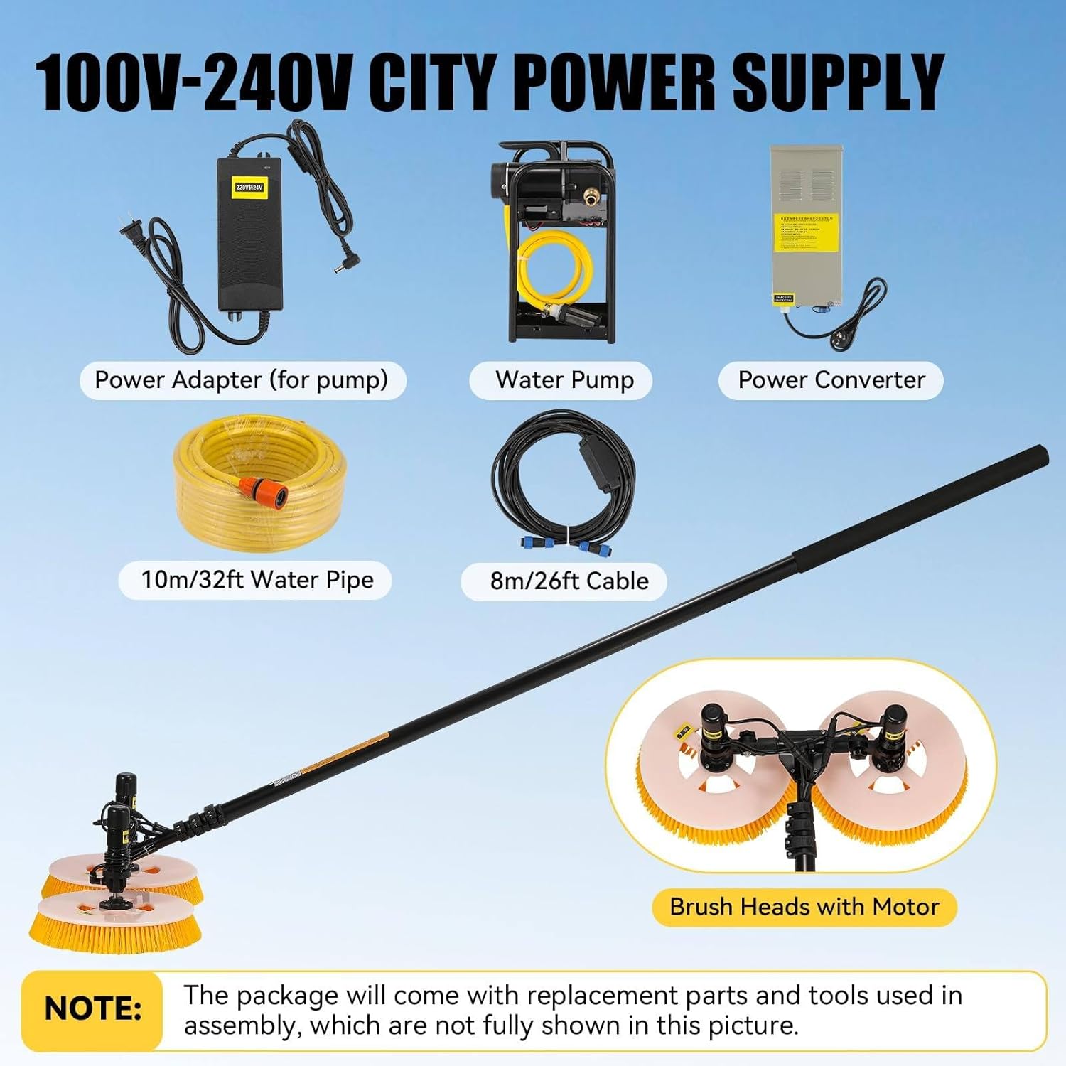 24.6 FT Solar Panel Cleaning Tool, Solar Panel Cleaning Brush and Pole Water Fed Pole Kit, Double Head Automatic Window Glass Washing Equipment, with Converter,7.5M-MainsElectricity