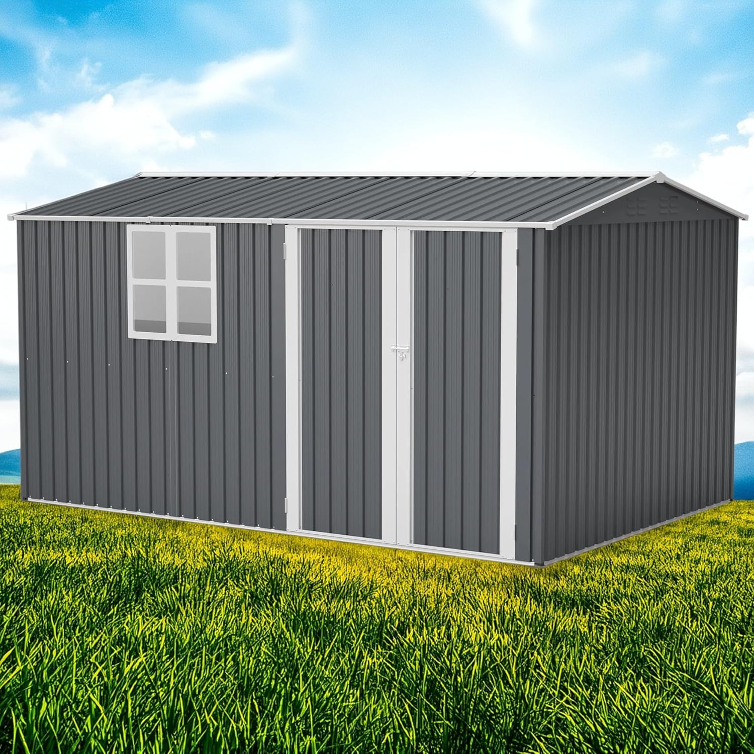 8x12 FT Storage Shed Outdoor, XL Heavy-Duty Steel Building with Window – Features Hinged Gray Doors & 4 Air Vents for Backyard, Garden, Patio, with Floor Frame (Gray)