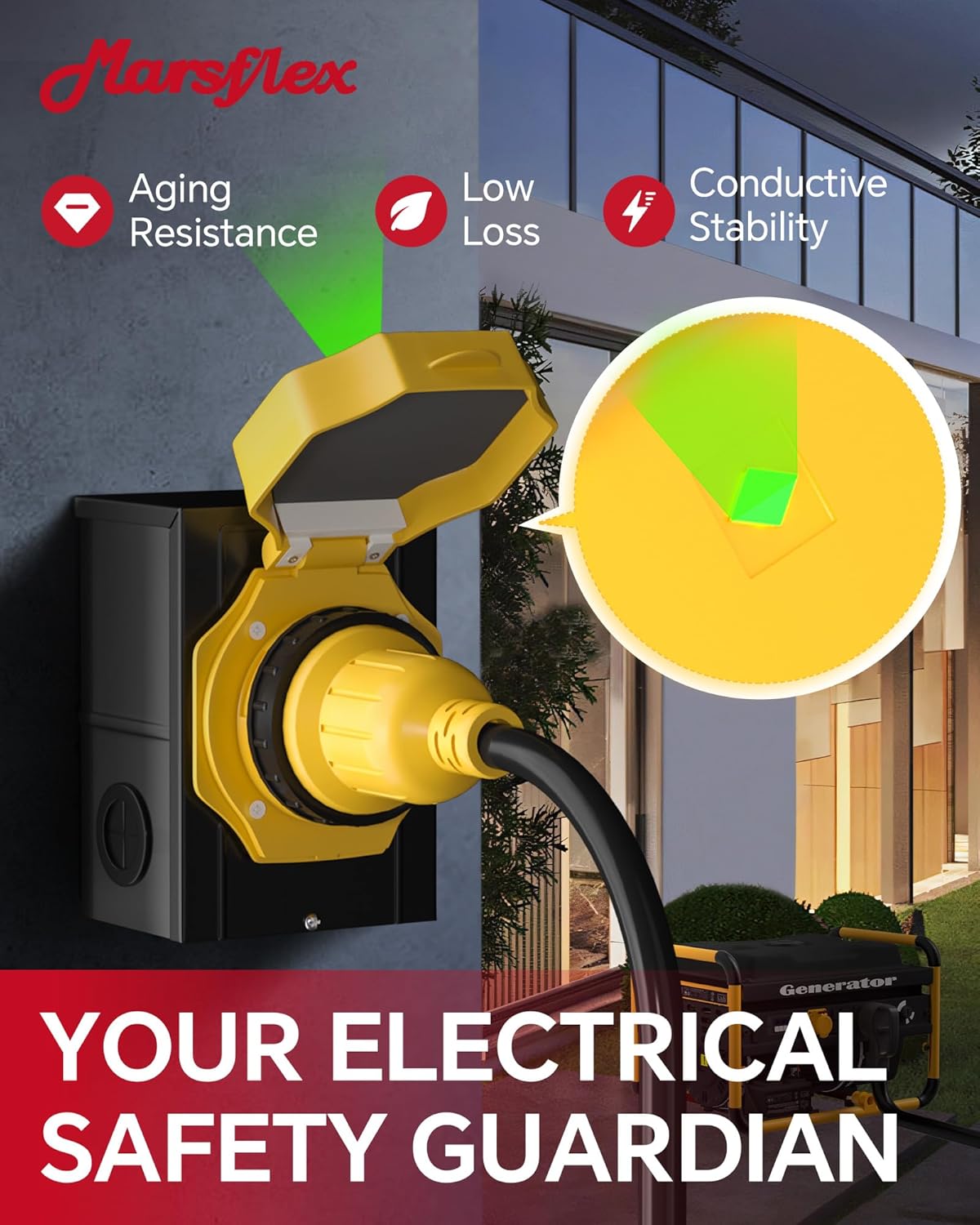 Marsflex 25FT 30 Amp Generator Cord and Power Inlet Box, Pre-Drilled Generator Inlet Box with NEMA L14-30P / L14-30R Generator Cord, for 125/250 Volt 7500 Watts, Weatherproof Outdoor Use, ETL Listed