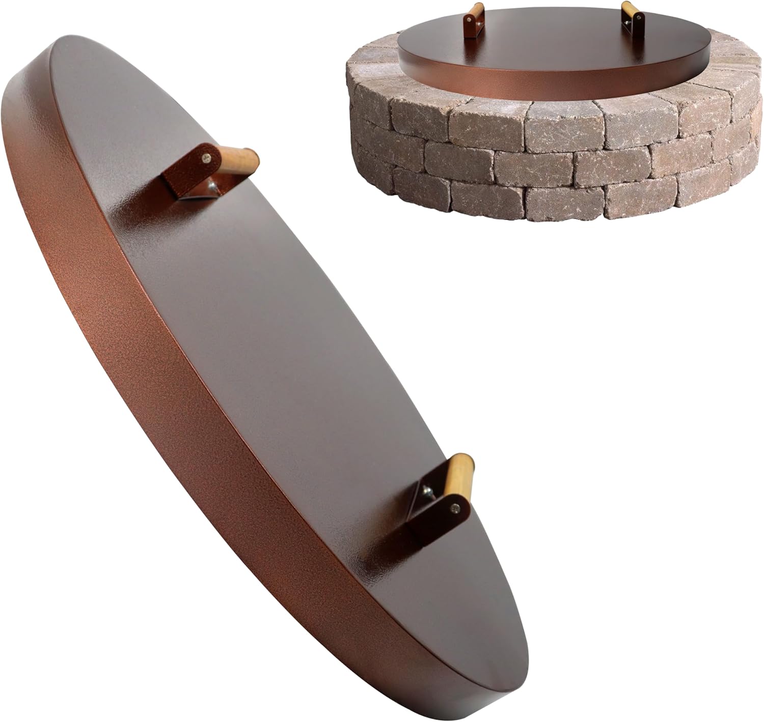 25.5” firepit lid round for inside up to 23” gas fire pit lid for Outdoor Fireplace Cover Lid Steel fire pit metal cover W/ Wooden Handle & Bronze Coated Snuffer Lid for Round Patio Fire Pit Ring