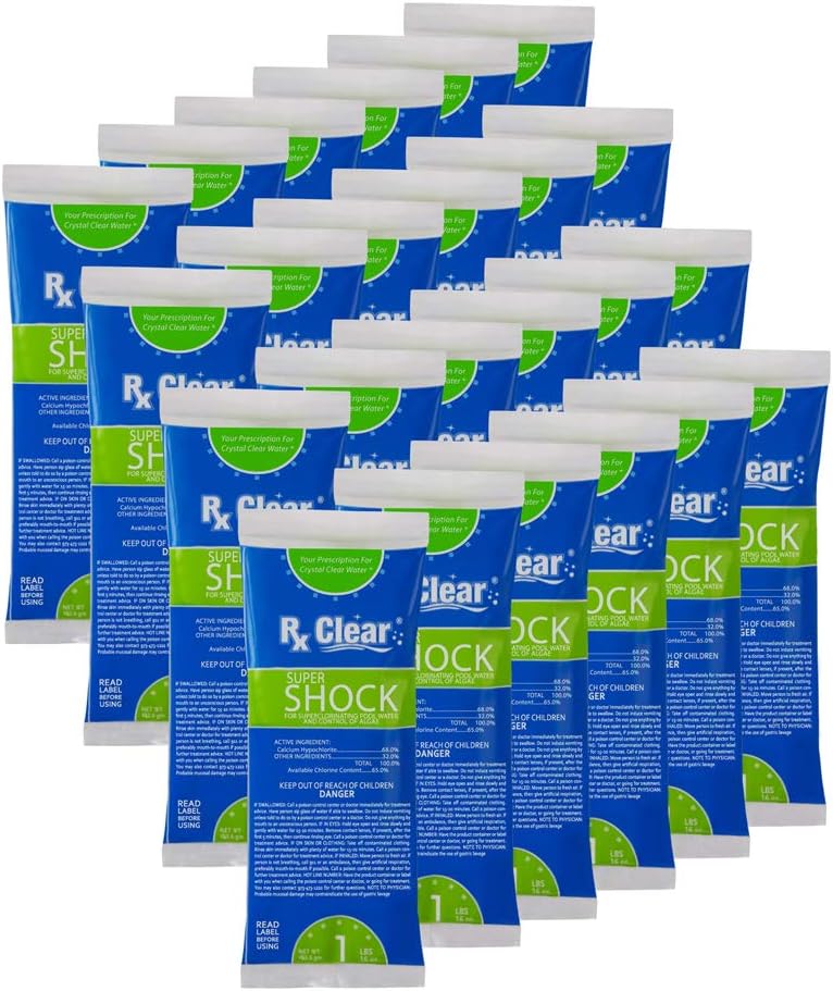 Rx Clear Super Shock for Swimming Pools | Chlorinator and Algaecide | 68% Calcium Hypochlorite | Kill Pool Algae for a Crystal Clear Pool | One Pound Bags | 24 Pack