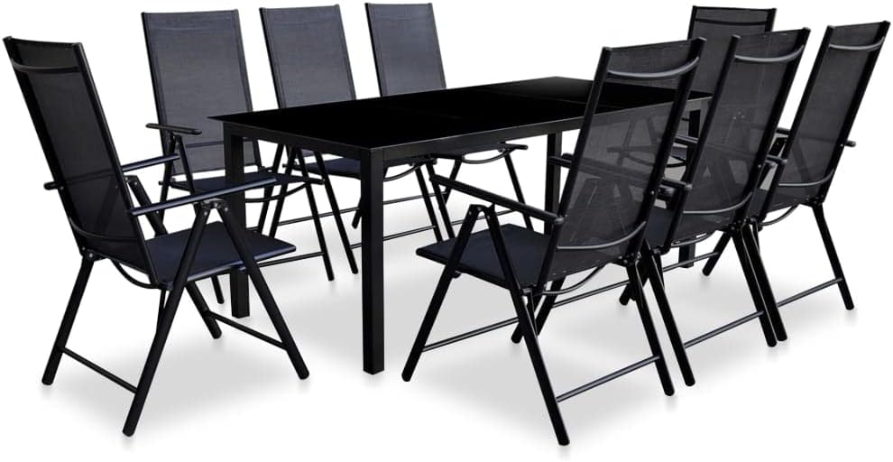 9 Piece Folding Patio Dining Set Aluminum Black,Outdoor Patio Dining Set Durable Aluminum Table with 8 Adjustable Textilene Folding Chairs Furniture Sets for Patio, Lawn & Garden