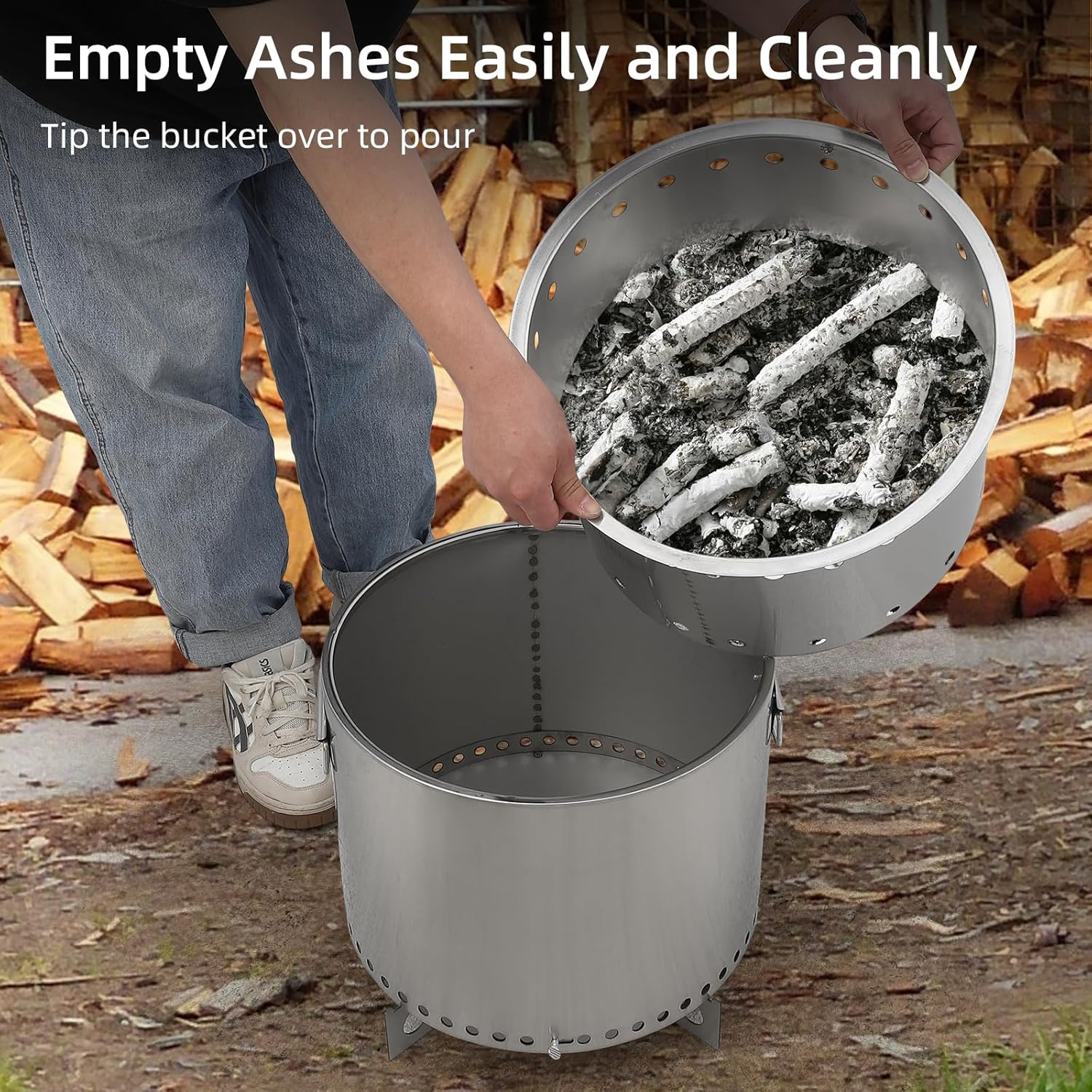 16.5 Inch Stainless Steel Smokeless Outdoor Fire Pit, Burning Wood, Particles,Coal, Removable Stand and Ash Pan, Perfect for Bonfire, Camping, Picnic, Family Gatherings for Garden