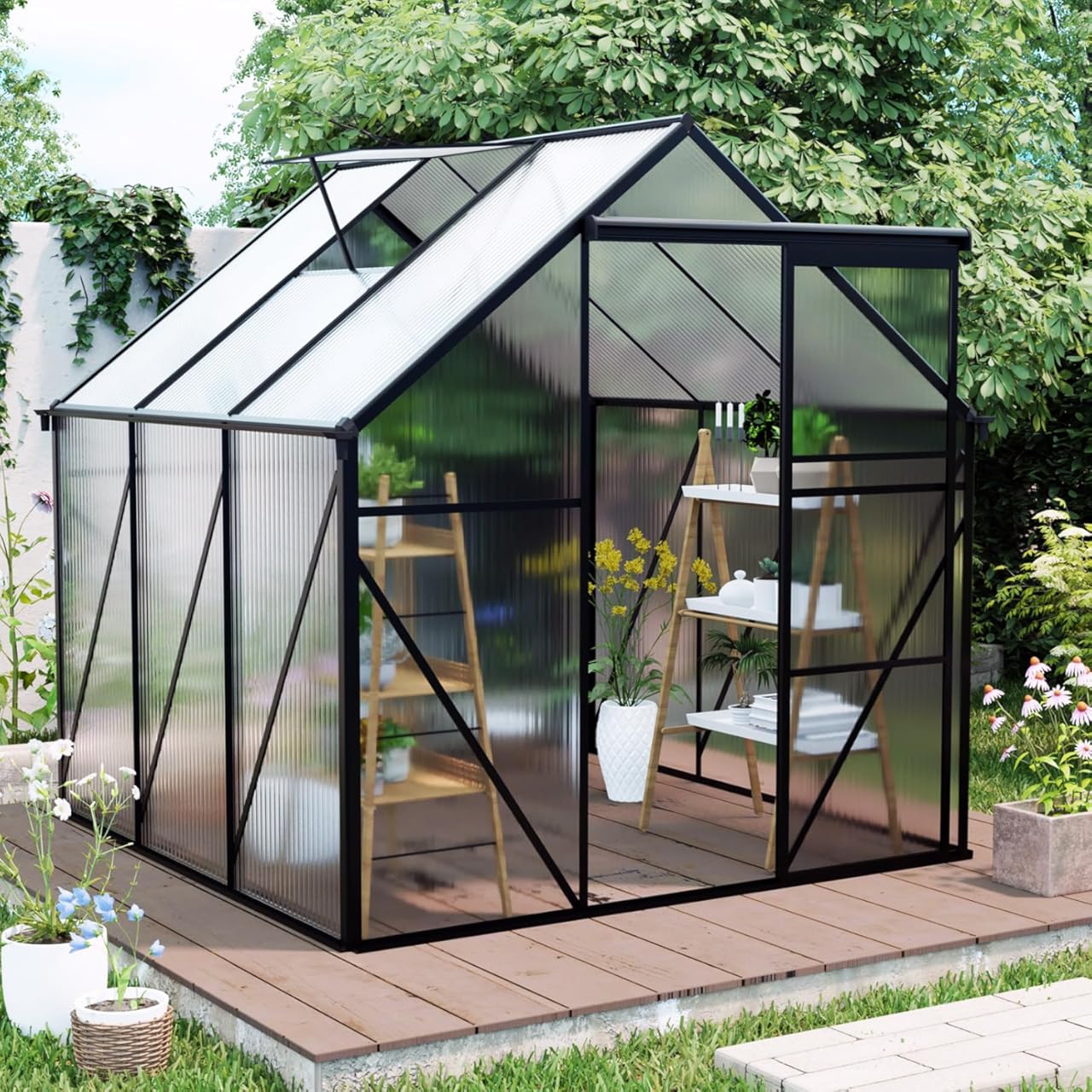 6x10 FT Polycarbonate Greenhouse with Raised Base - Heavy Duty Aluminum Walk-in Outdoor Storage Shed for Garden Tool Bike Storage All Season Backyard,Black 6 * 6FT