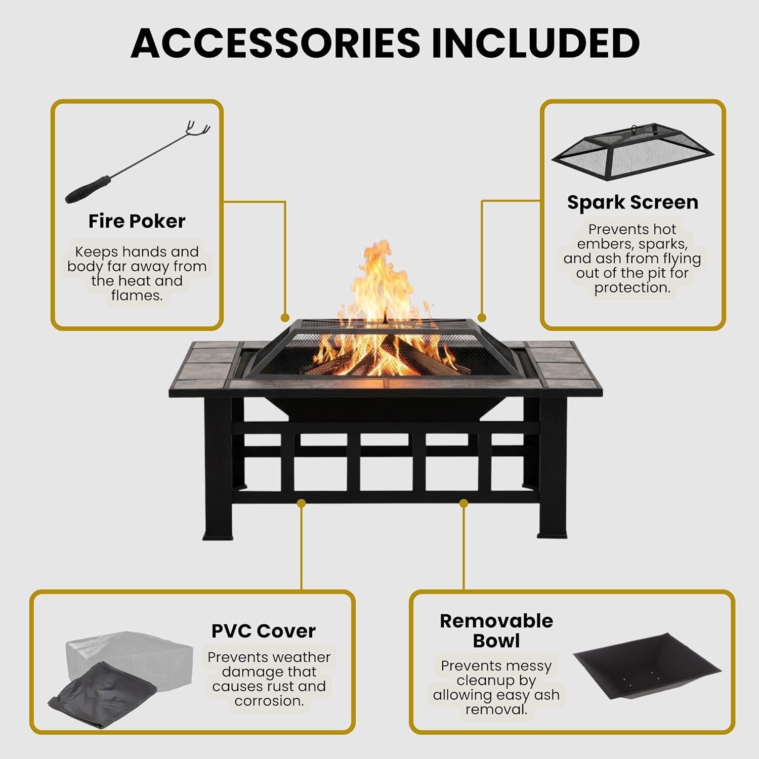 Fire Pit Set, Wood Burning Pit -Includes Screen, Cover and Log Poker- Great for Outdoor and Patio, 37Â” Marble Tile Rectangular Firepit by Pure Garden