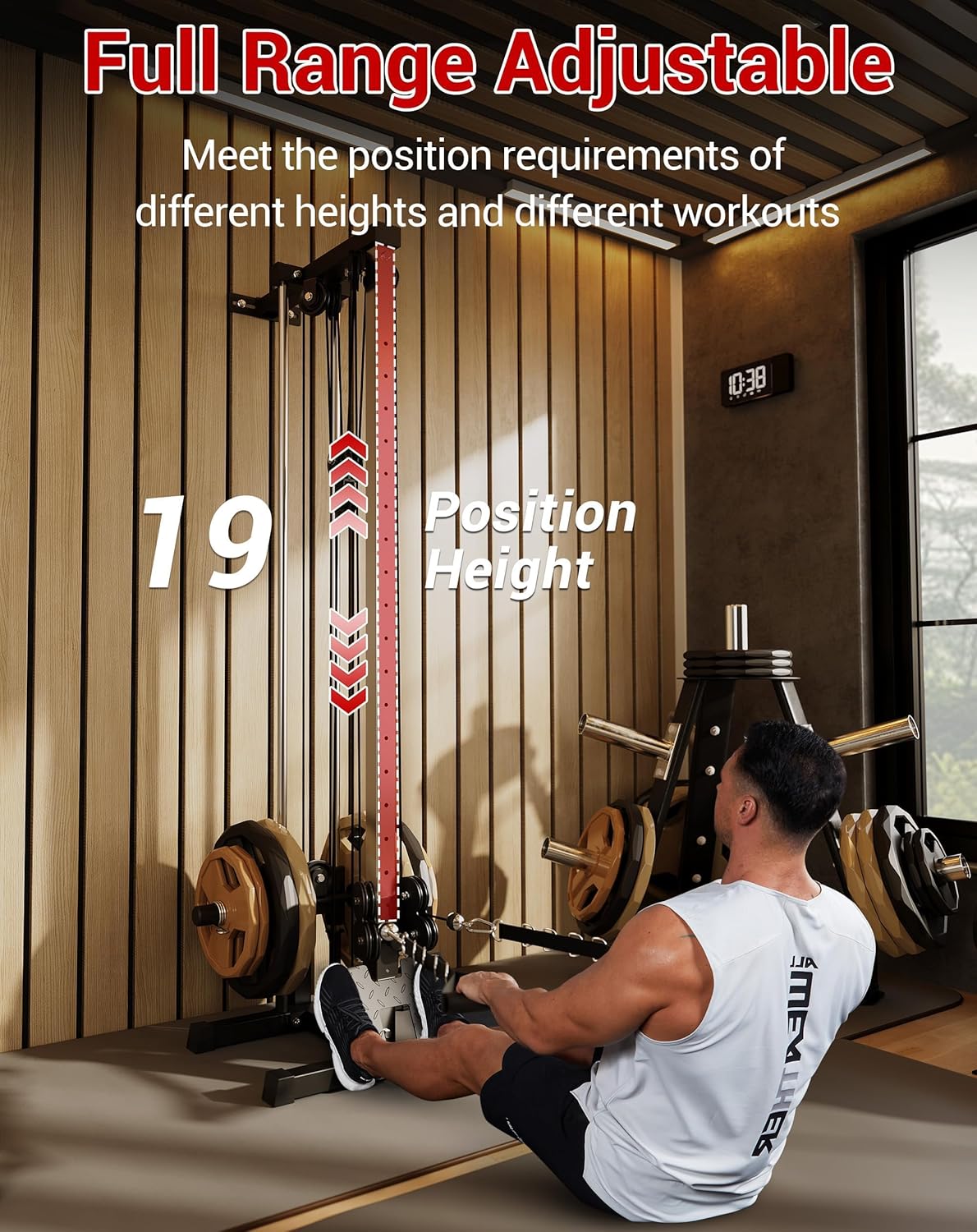 Wall Mount Cable Station – Dual Pulley Cable Crossover Machine with 18 Adjustable Positions, Tricep Rope, T-Bar, LAT Pulldown Bar & Foot Board for Home Gym Strength Training