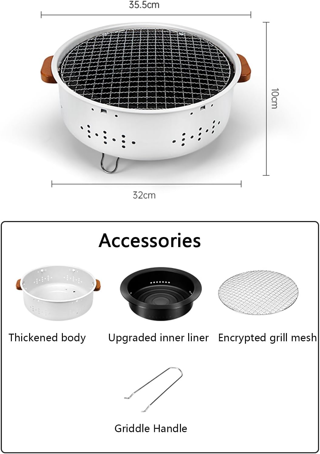 Fire Pits,Fireplace,Thickened Iron Body + Enamelled Inner Liner,Anti-Scald Handles on Both Sides,Detachable Design,Easy to Clean,with Grill Mesh and Grill Pan,33.5 x 10cm (A)