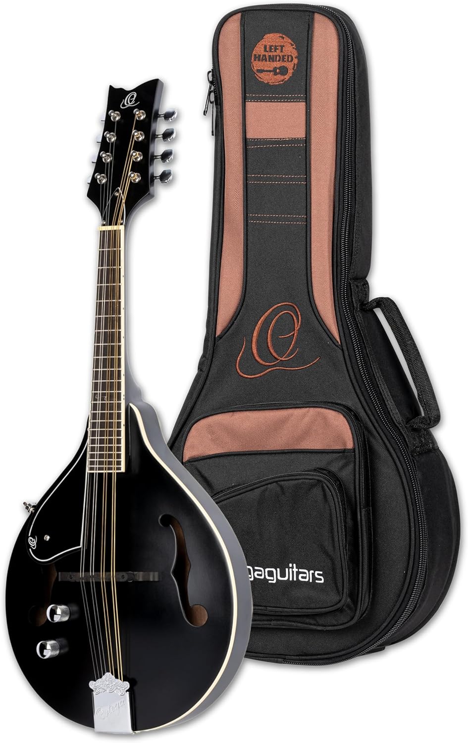 Ortega Guitars, 8-String A-Style Series Left-Handed Acoustic-Electric Mandolin w/Bag, White,Chrome,Bronze, Voll (RMAE40SBK-L)