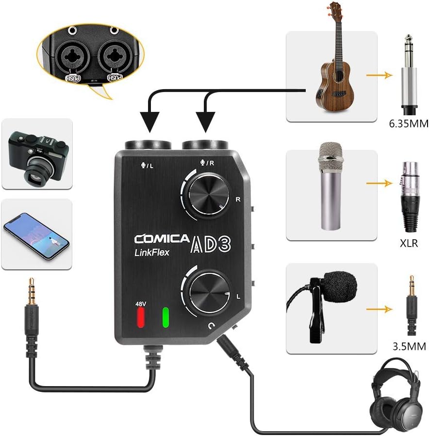 Comica LINKFLEX AD3 Dual-channels XLR/6.35mm/3.5mm Audio Preamp Mixer with Support 48V Phantom Power, Mono/Stereo Output, Guitar Audio Interface for Cameras,Camcorders,iPhone,Android,Smartphones