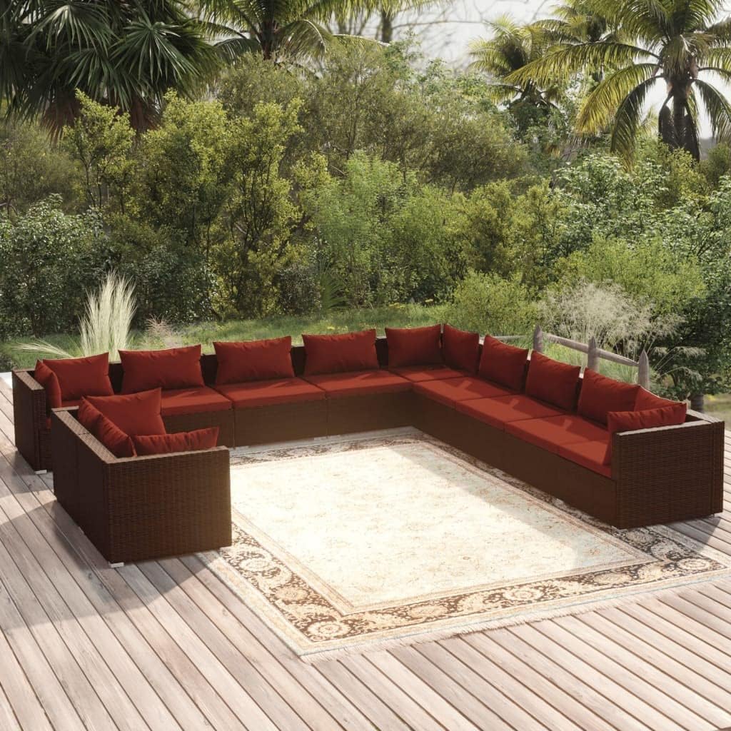 11 Piece Patio Lounge Set with Cushions Brown Poly Rattan,Sturdy Poly Rattan Patio Sofa Lounge Set with Comfortable Cushions for Leisure Time Furniture Sets for Patio, Lawn & Garden