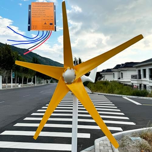 1200W Wind Turbine Generator 12V/24V/48V with MPPT Controller & 5 Yellow Blades - High Efficiency Wind Power for Boats, Cabins, Terraces & Home Use
